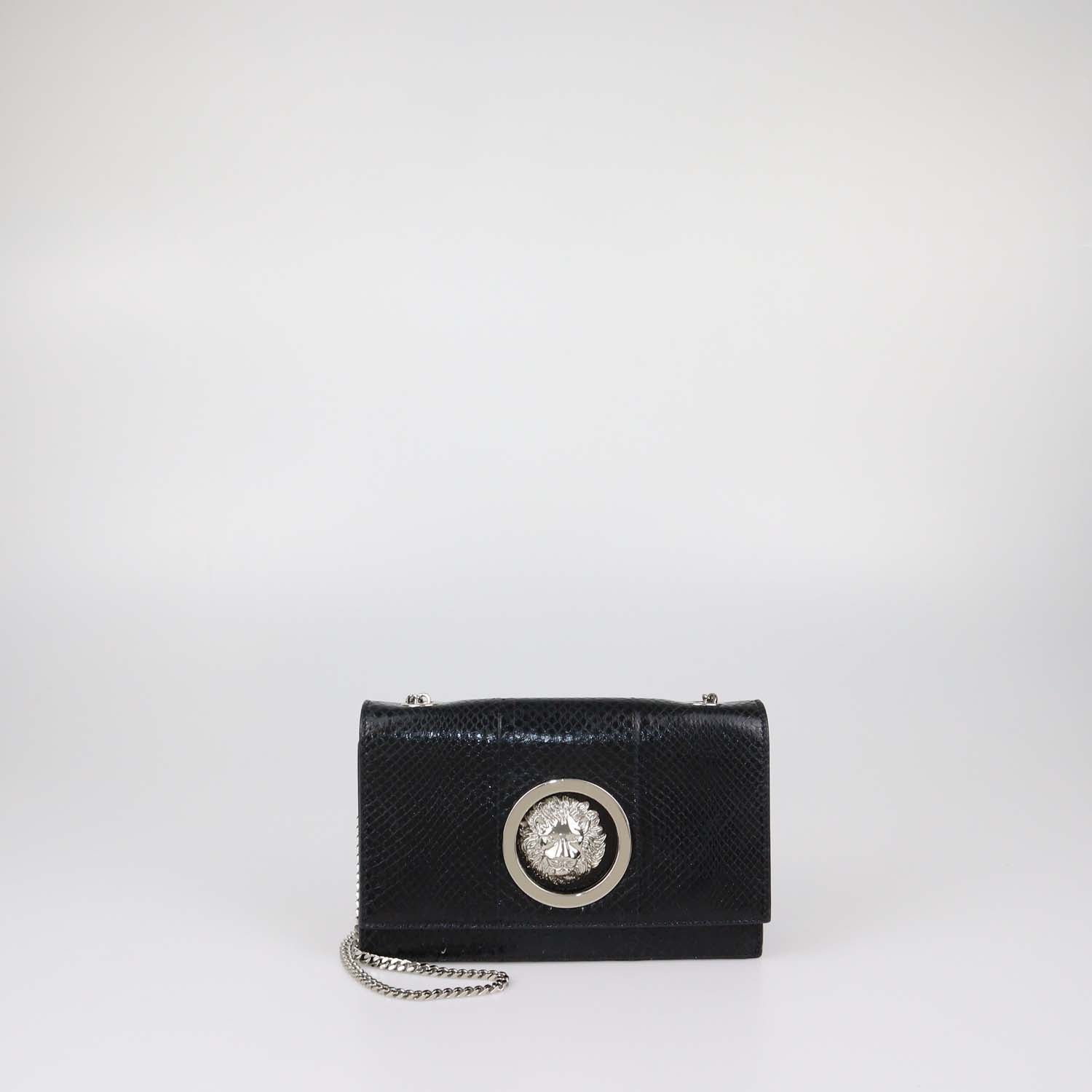 Versus Versace Black Snake Embossed Leather Lion Logo Chain Clutch