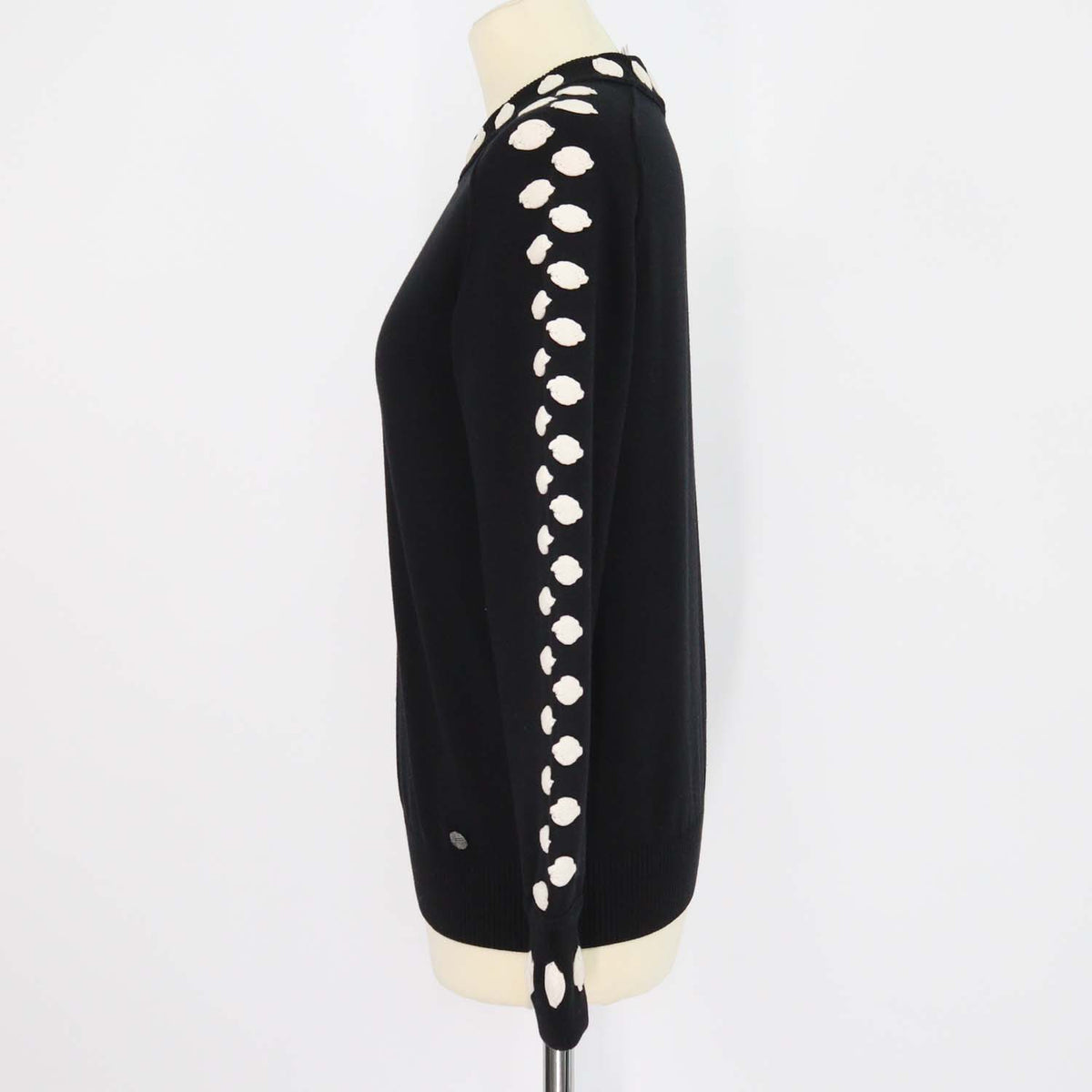 Chanel Black, Ivory Blend Wool Embroidered Applique Crew Neck Sweater