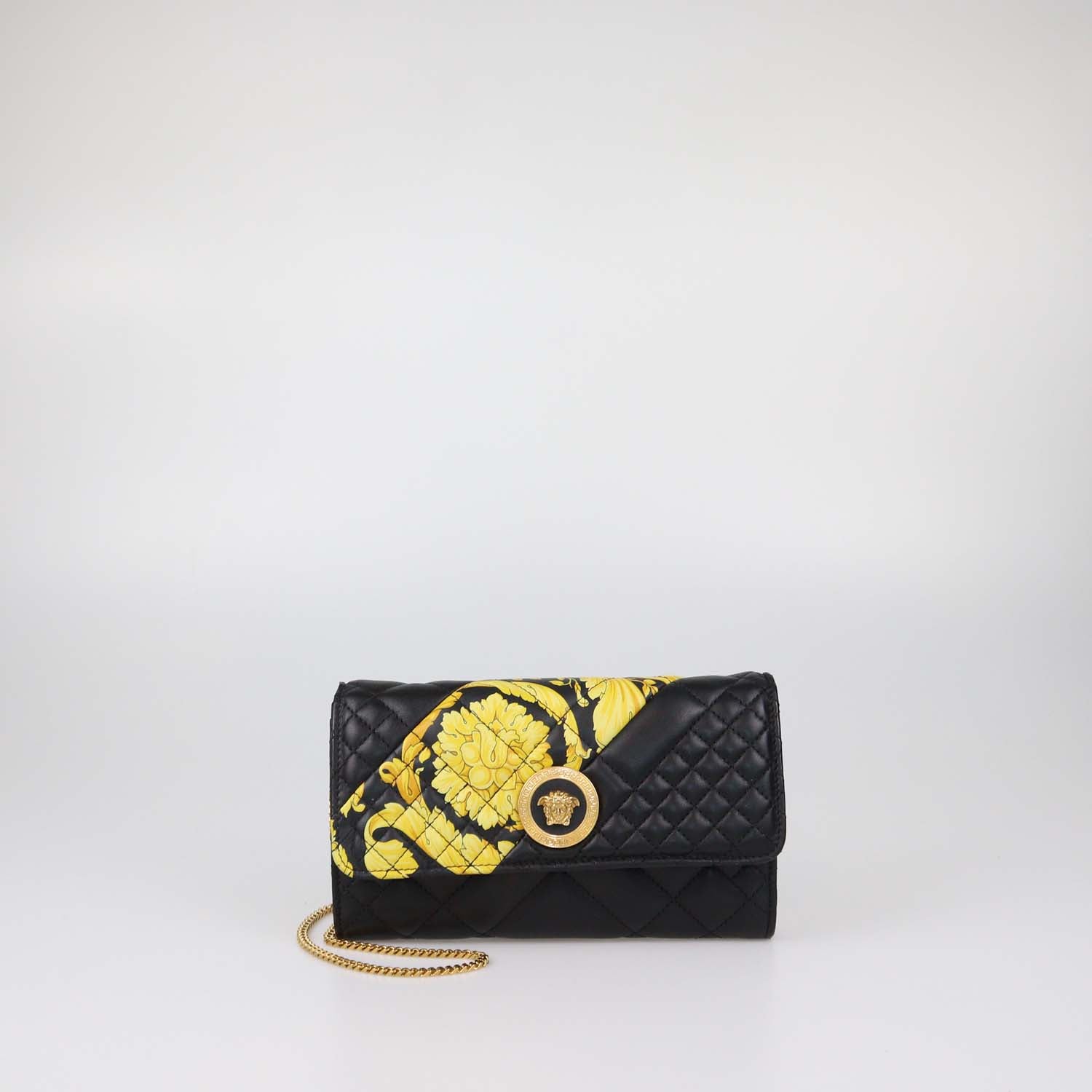 Versace Black Quilted Leather Barocco Print Medusa Wallet On Chain