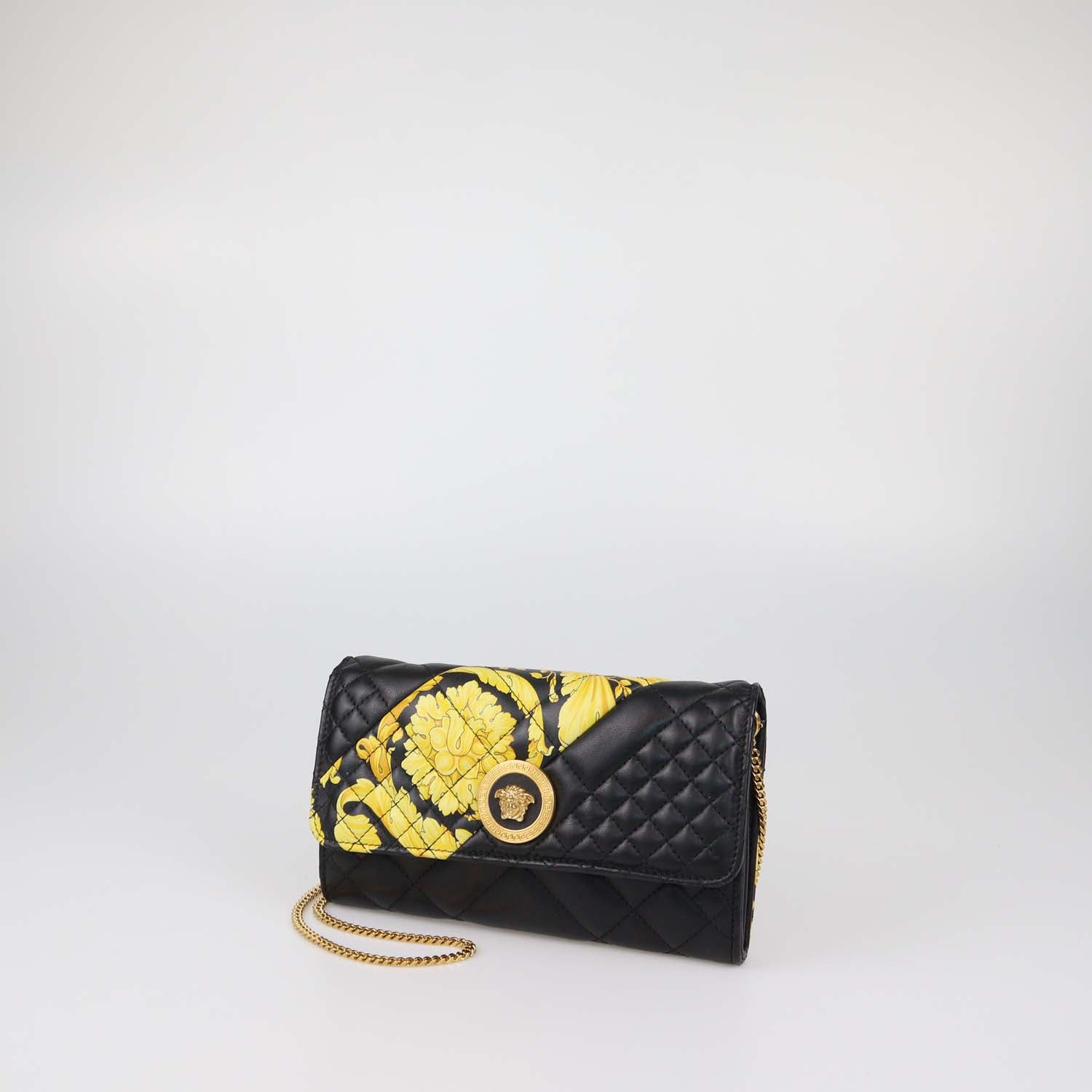 Versace Black Quilted Leather Barocco Print Medusa Wallet On Chain