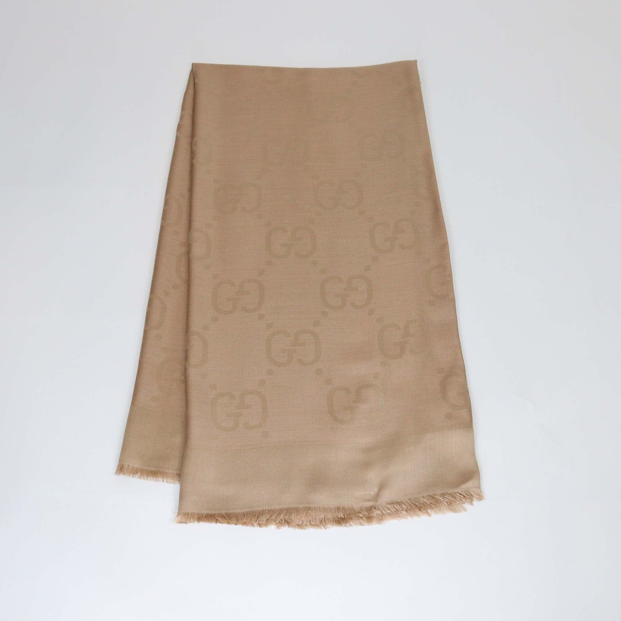 Gucci Caramel GG Jacquard Silk Wool Shawl Womens Gucci