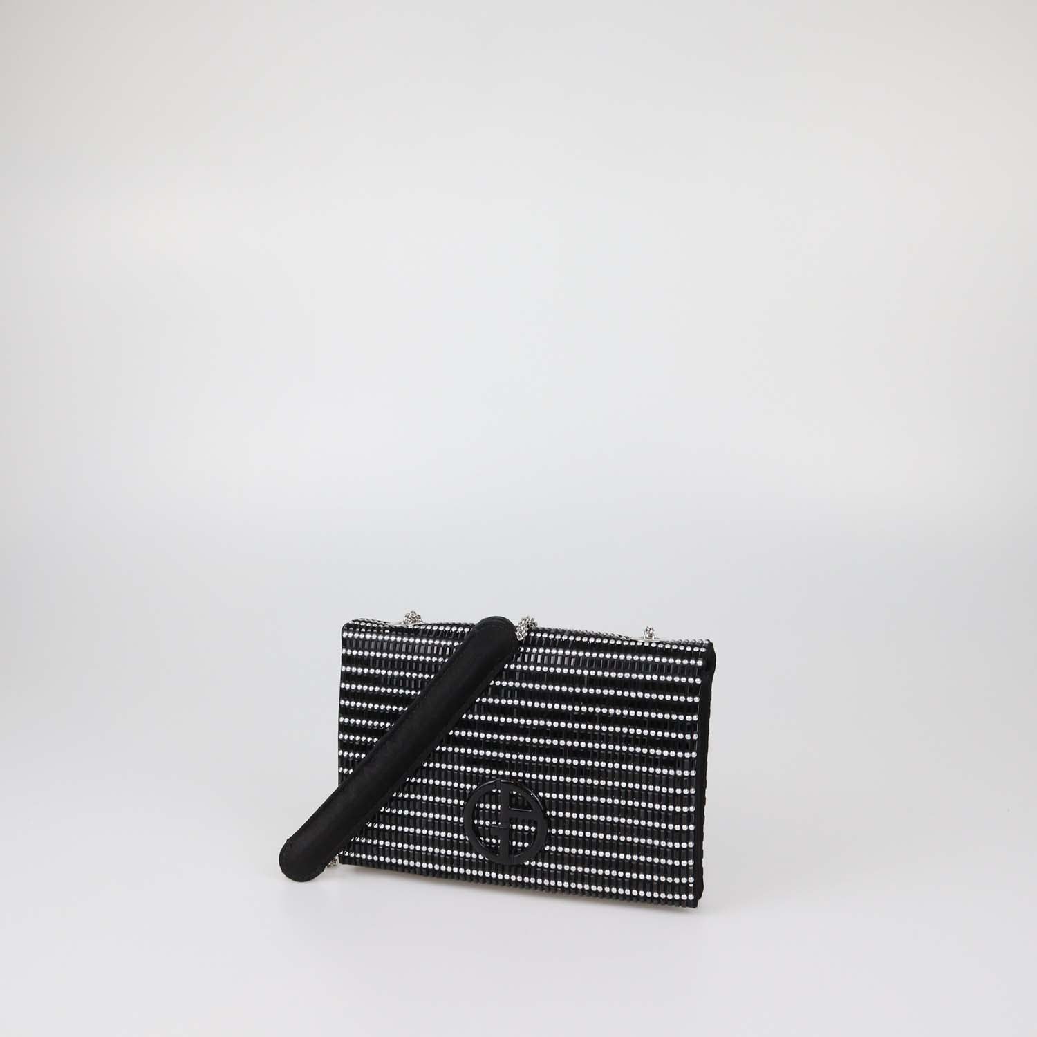 Giorgio Armani Black/Silver Beaded Satin Flap Chain Clutch