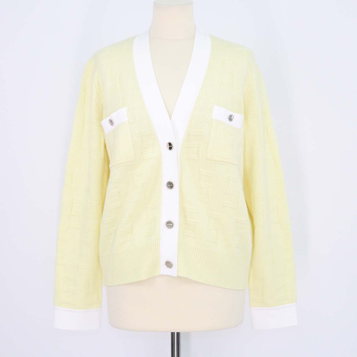 Sandro Yellow, White Wool Cashmere Monogram V Neck Cardigan