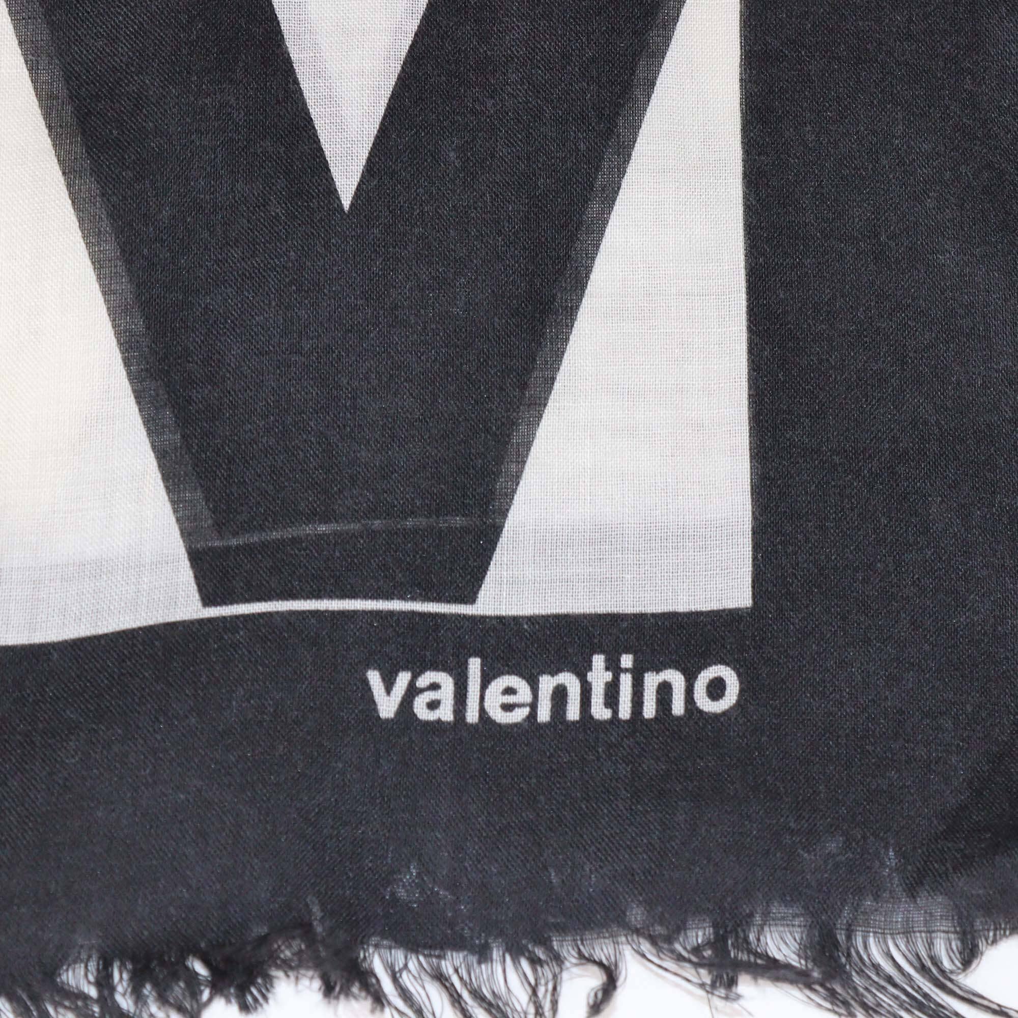 Valentino Black/White Monochrome Cashmere & Silk Fringed Scarf Womens Valentino