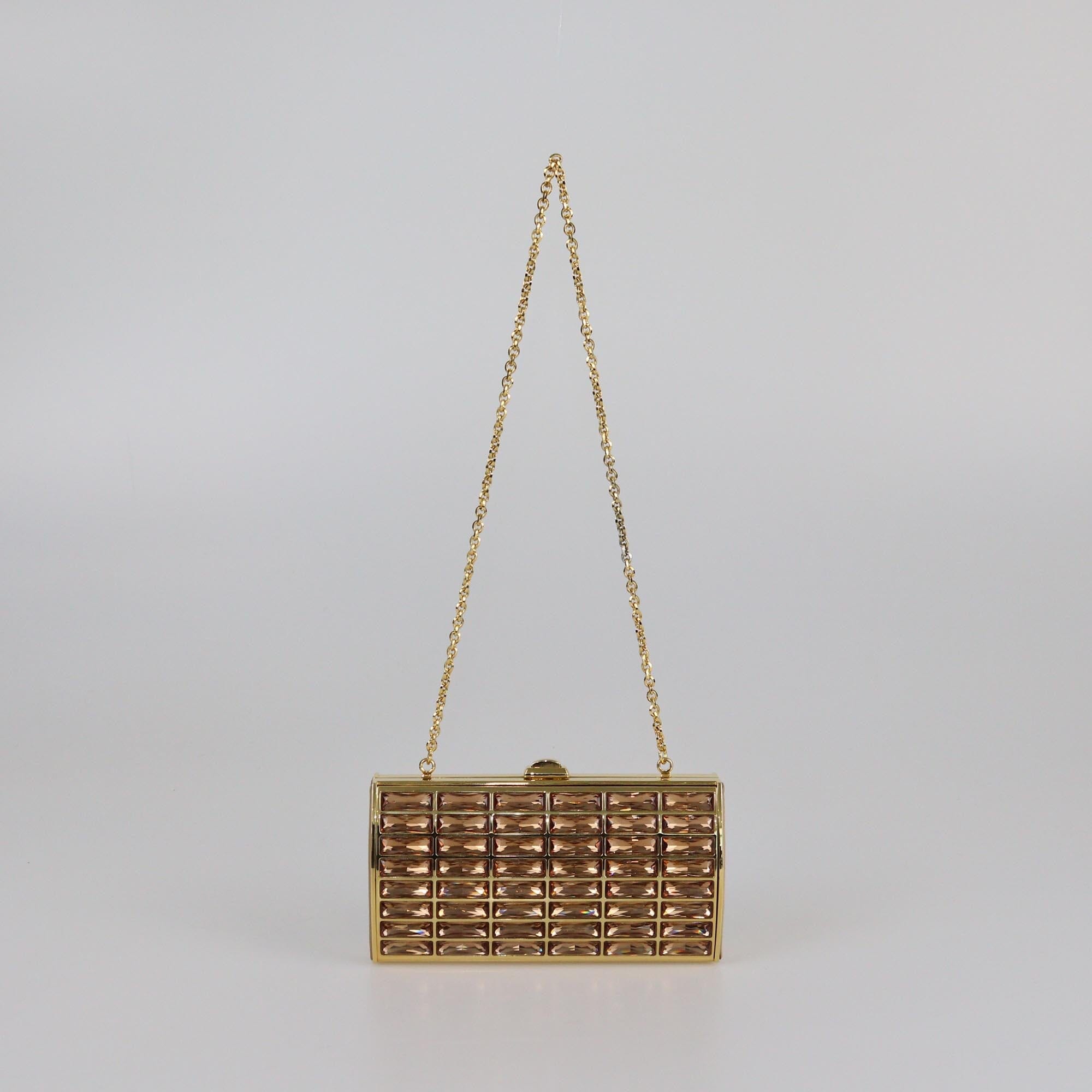 Judith Leiber Gold Tone Crystal Minaudiere Chain Cluth Womens Judith Leiber