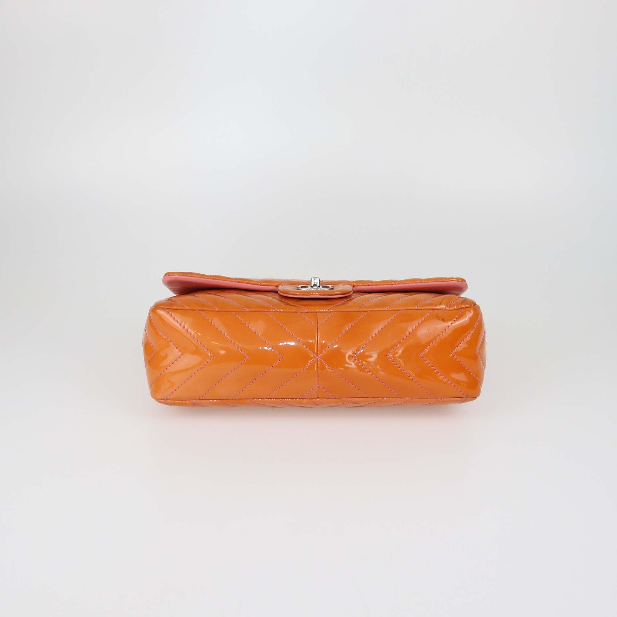 Chanel Orange Chevron Patent Leather Jumbo Classic Single Flap Bag