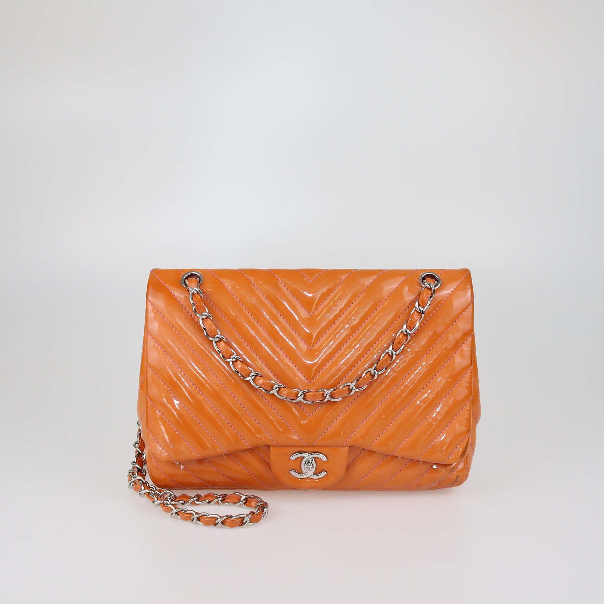 Chanel Orange Chevron Patent Leather Jumbo Classic Single Flap Bag