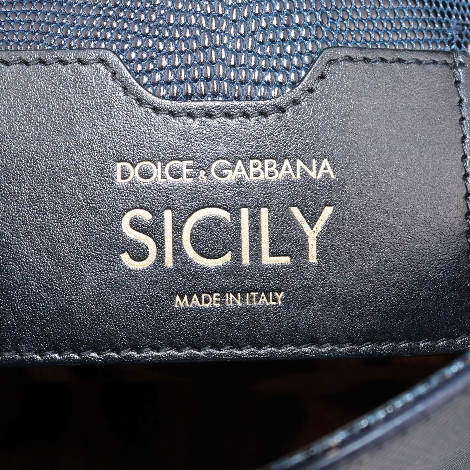 Dolce & Gabbana Black Lizard Embossed Leather Medium Crystal DG Miss Sicily Top Handle Bag
