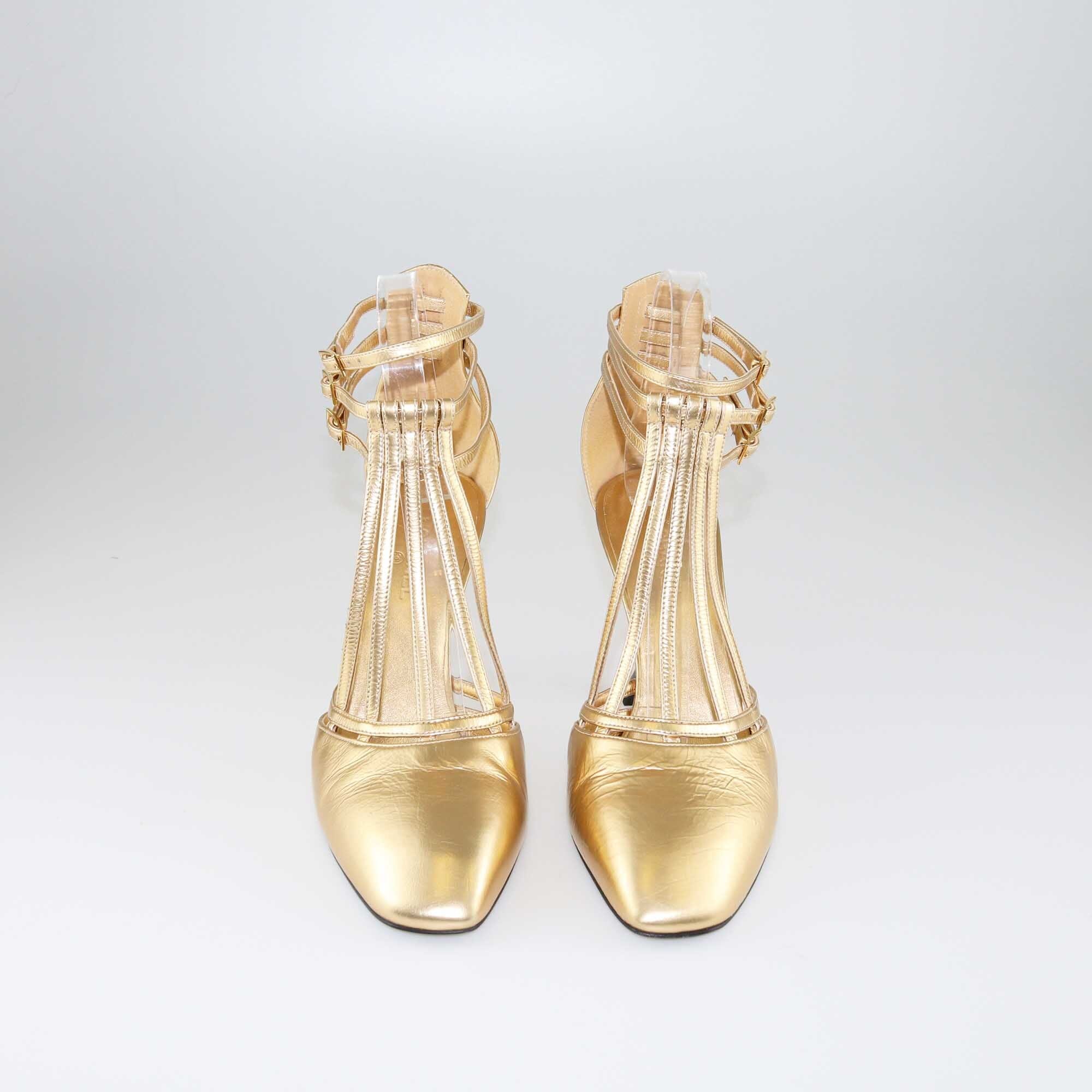 Chanel Gold Interlocking CC Logo T Strap Pumps Shoes Chanel