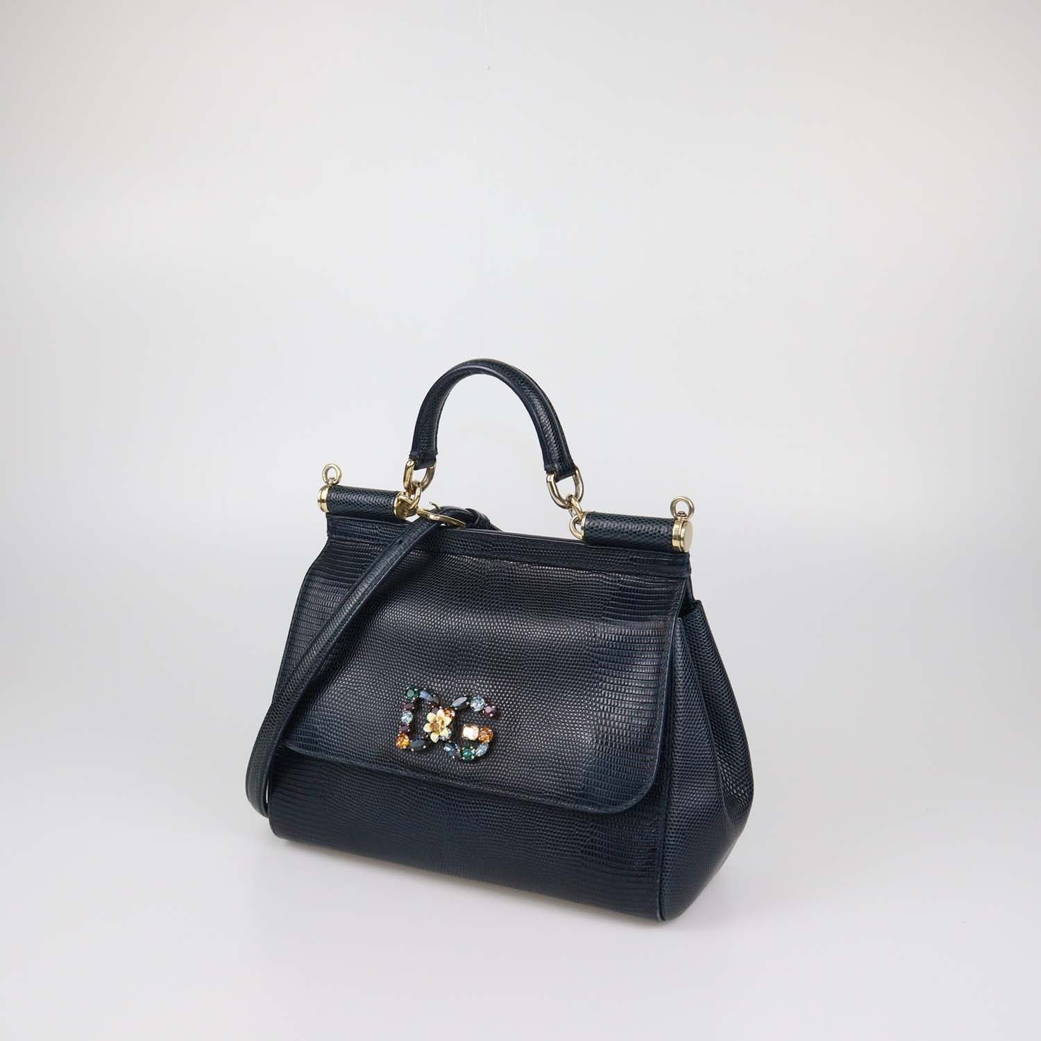 Dolce & Gabbana Black Lizard Embossed Leather Medium Crystal DG Miss Sicily Top Handle Bag