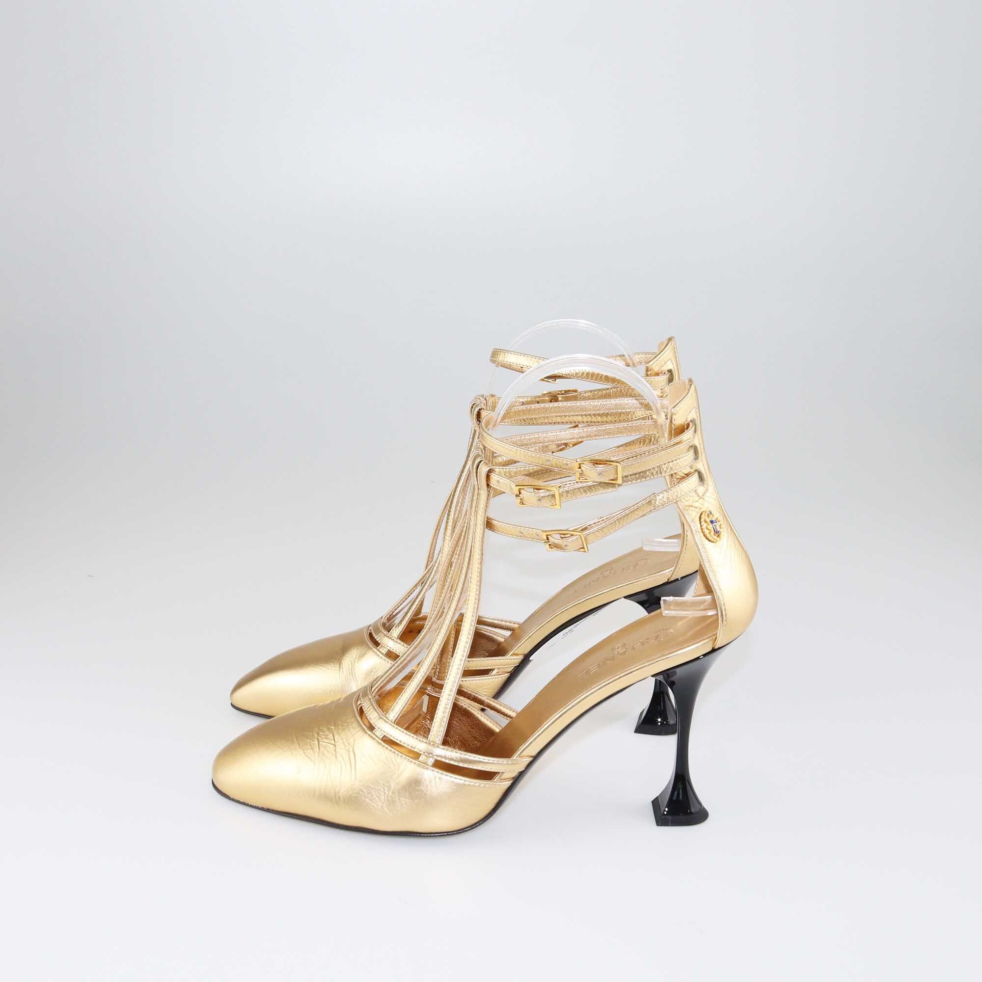 Chanel Gold Interlocking CC Logo T Strap Pumps Shoes Chanel