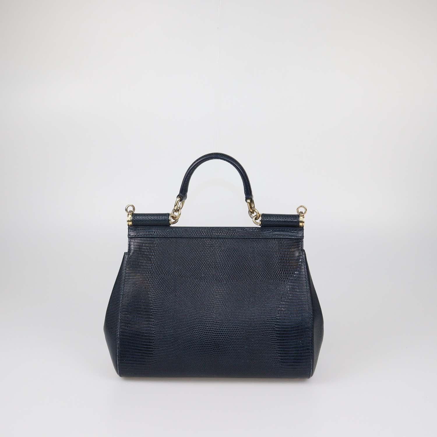 Dolce & Gabbana Black Lizard Embossed Leather Medium Crystal DG Miss Sicily Top Handle Bag