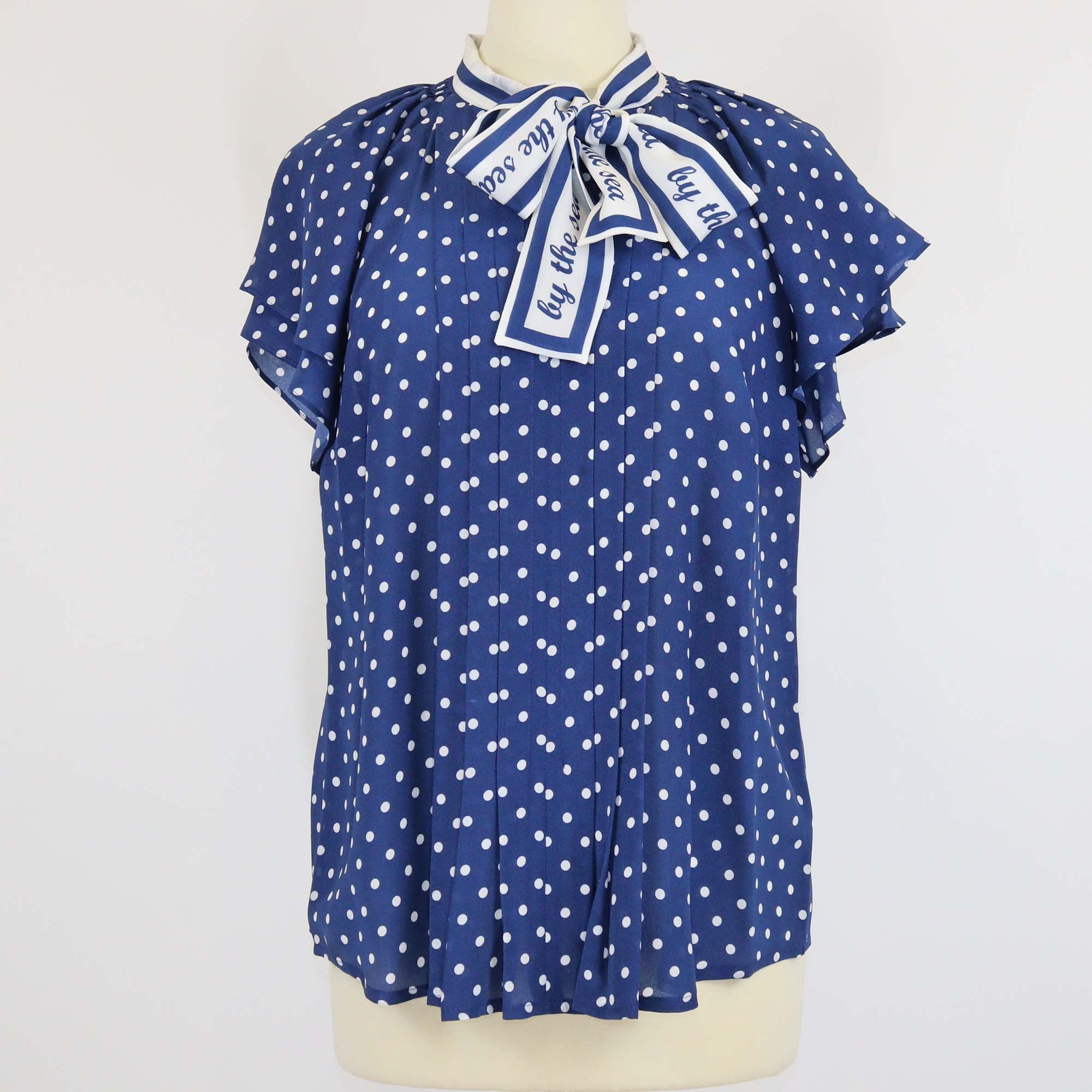 Maison Common White/Blue Silk Polka Dot By The Sea Neck Tie Blouse