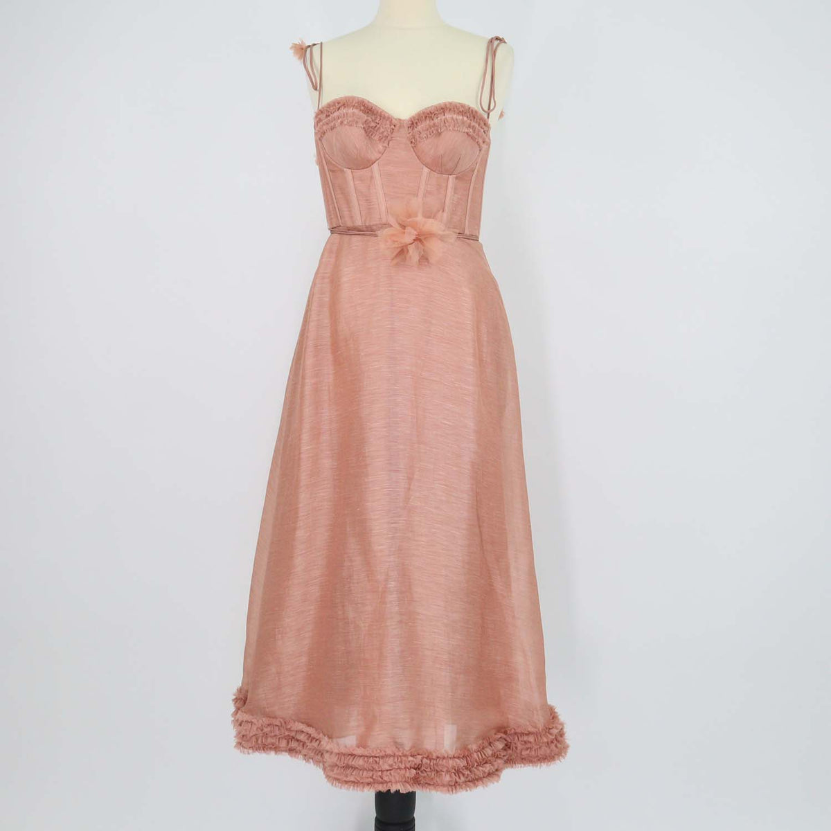 Zimmermann Dusty Peach Linen and Silk Luna Ruffle Midi Dress
