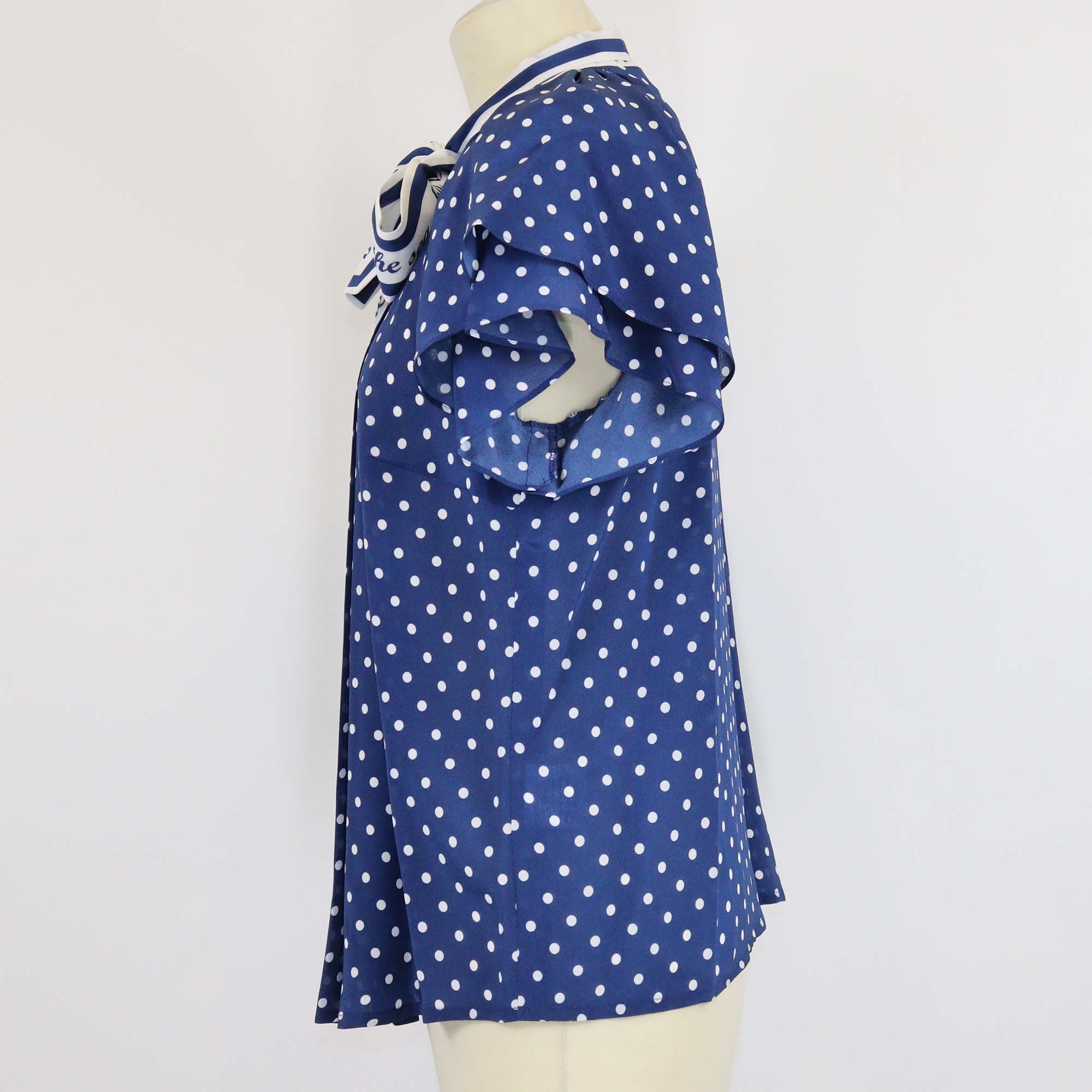 Maison Common White/Blue Silk Polka Dot By The Sea Neck Tie Blouse