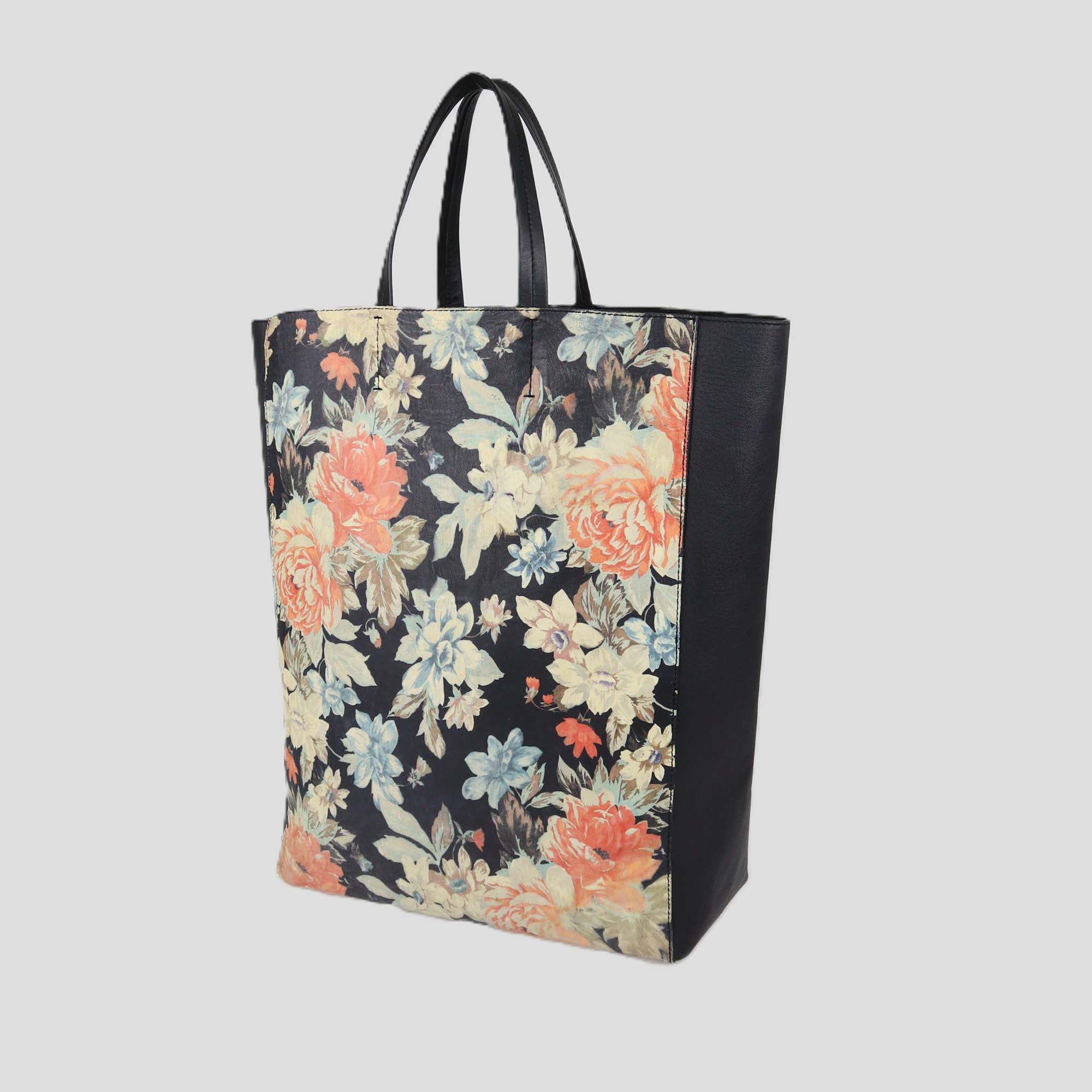 Celine Black Floral Print Leather Vertical Cabas Tote