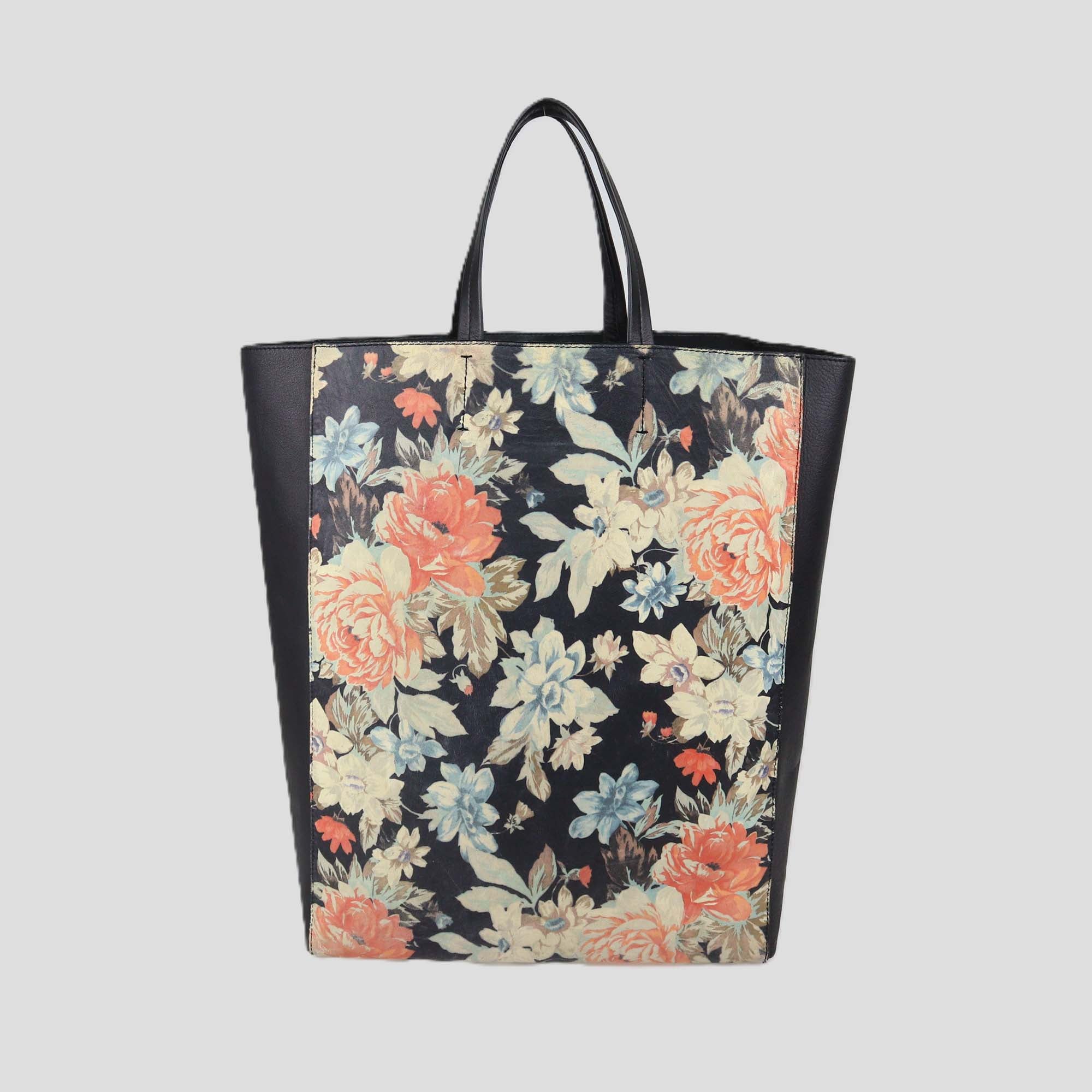 Celine Black Floral Print Leather Vertical Cabas Tote