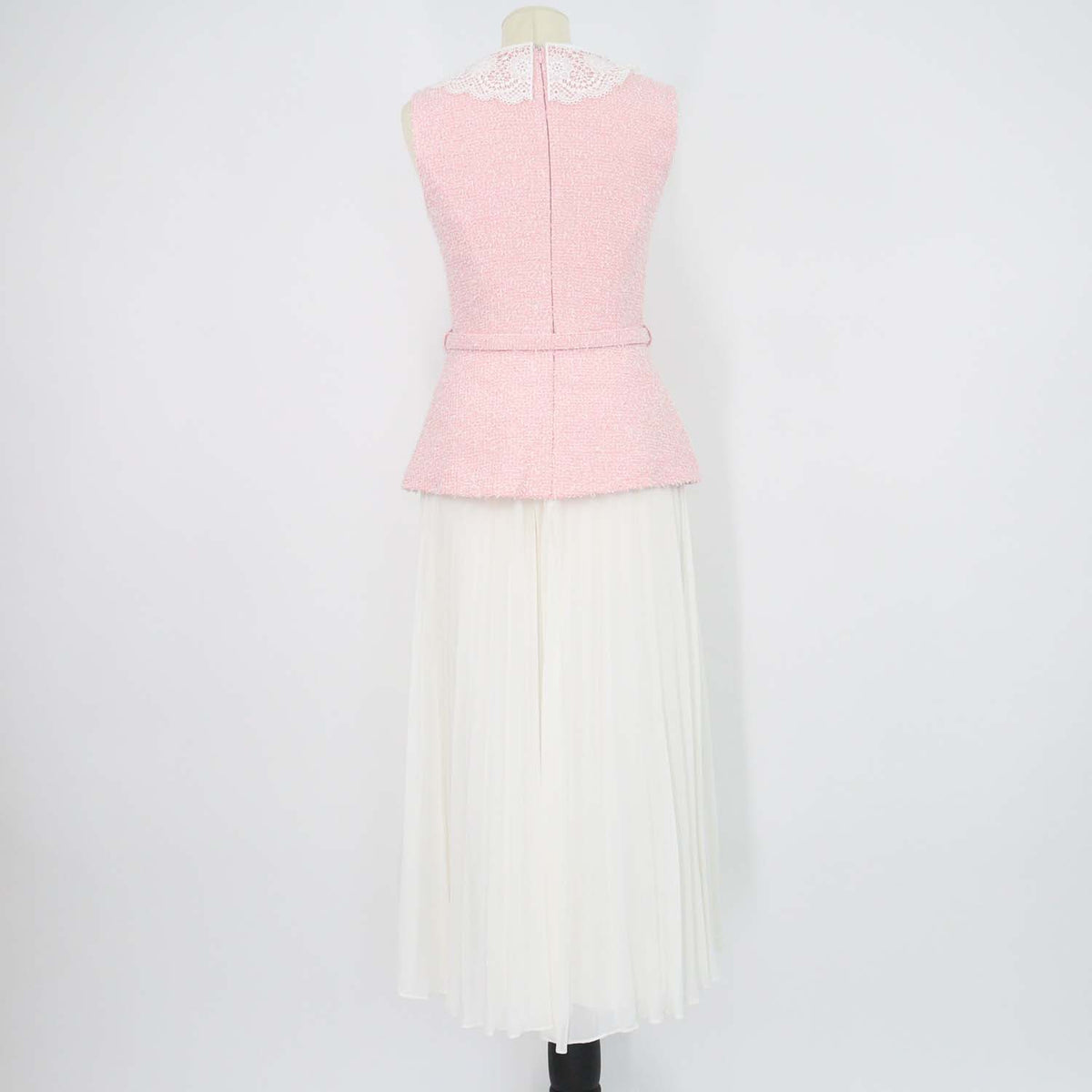 Self-Portrait Pink, White Tweed Boucle Lace Collar Pleated Midi Dress