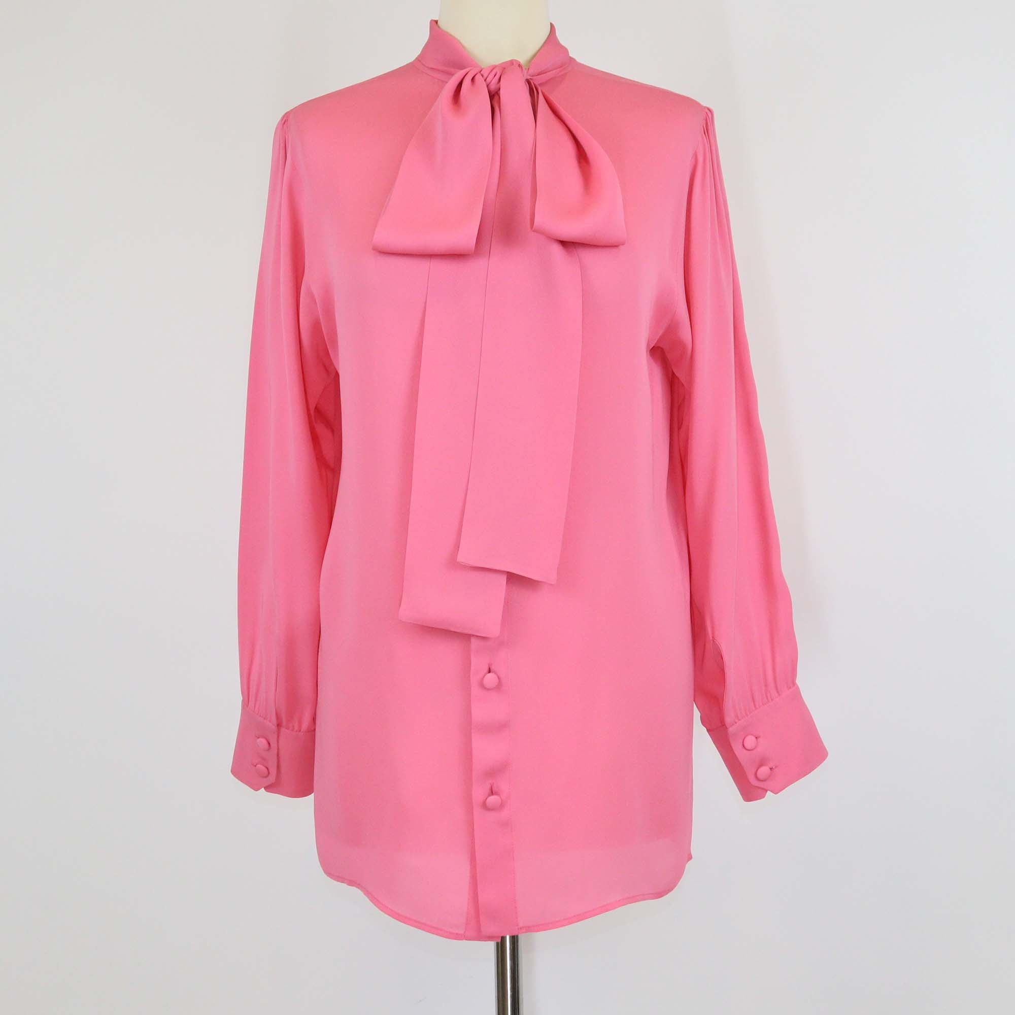 Gucci Pink Coral Silk Satin Long Sleeve Georgette Scarf Shirt