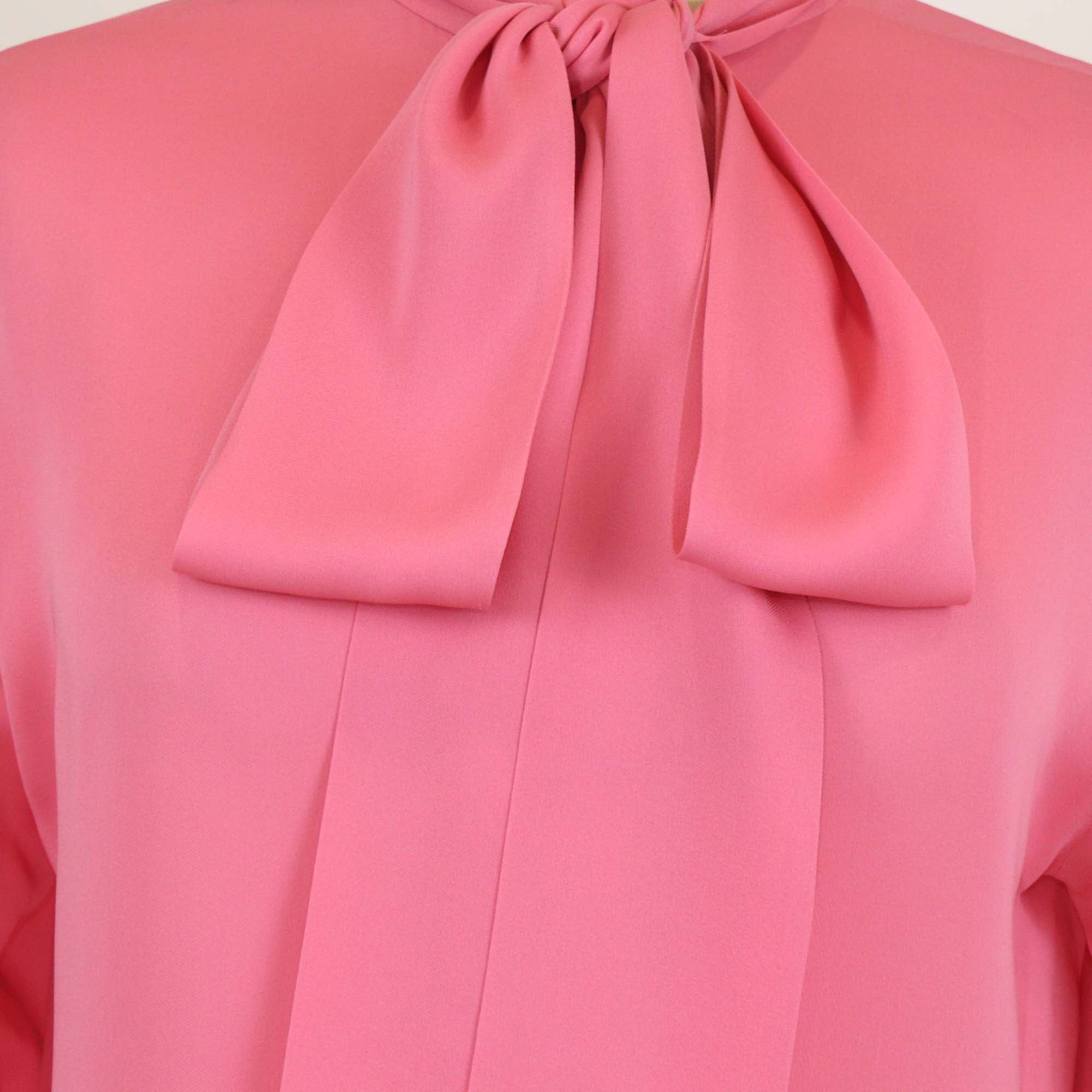 Gucci Pink Coral Silk Satin Long Sleeve Georgette Scarf Shirt