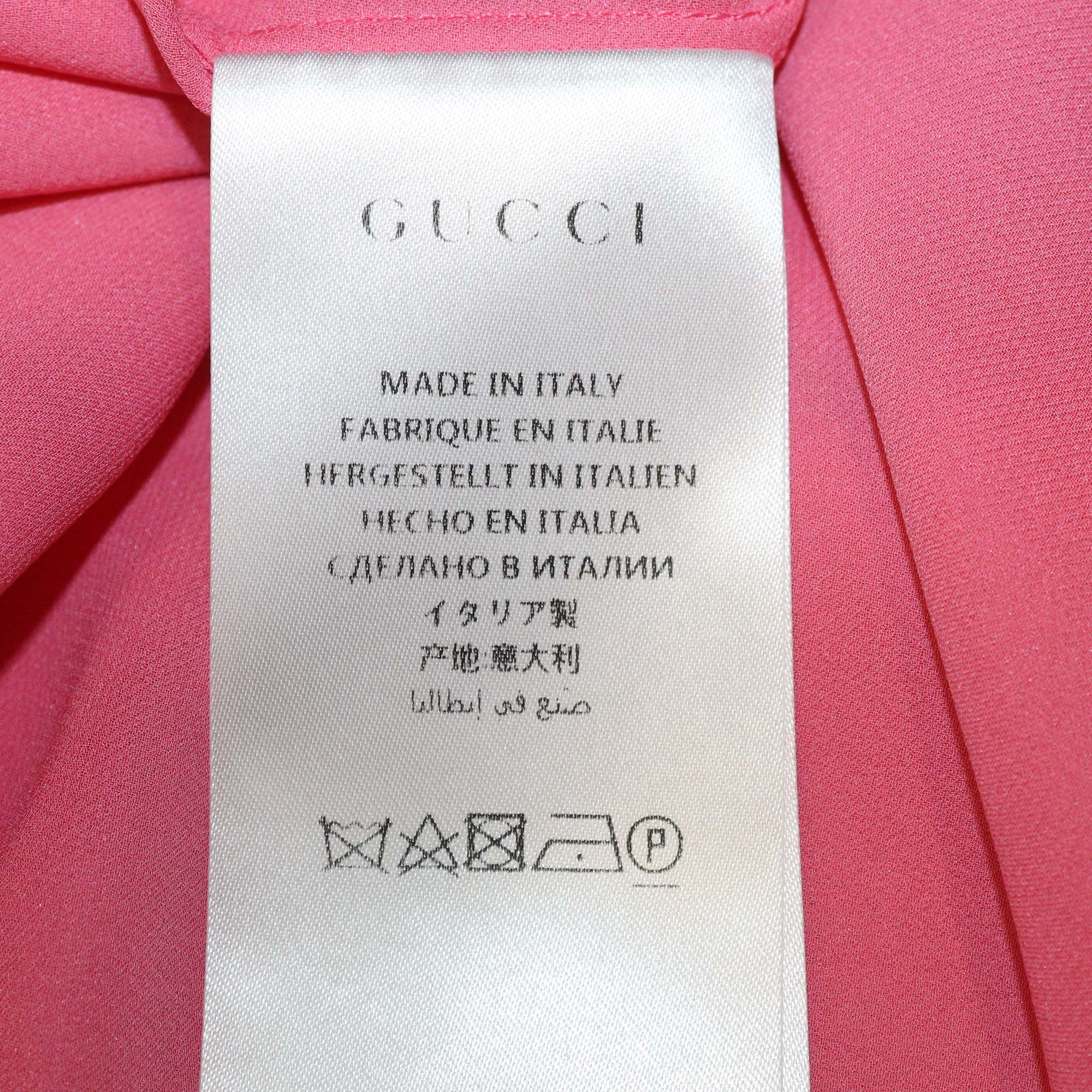 Gucci Pink Coral Silk Satin Long Sleeve Georgette Scarf Shirt