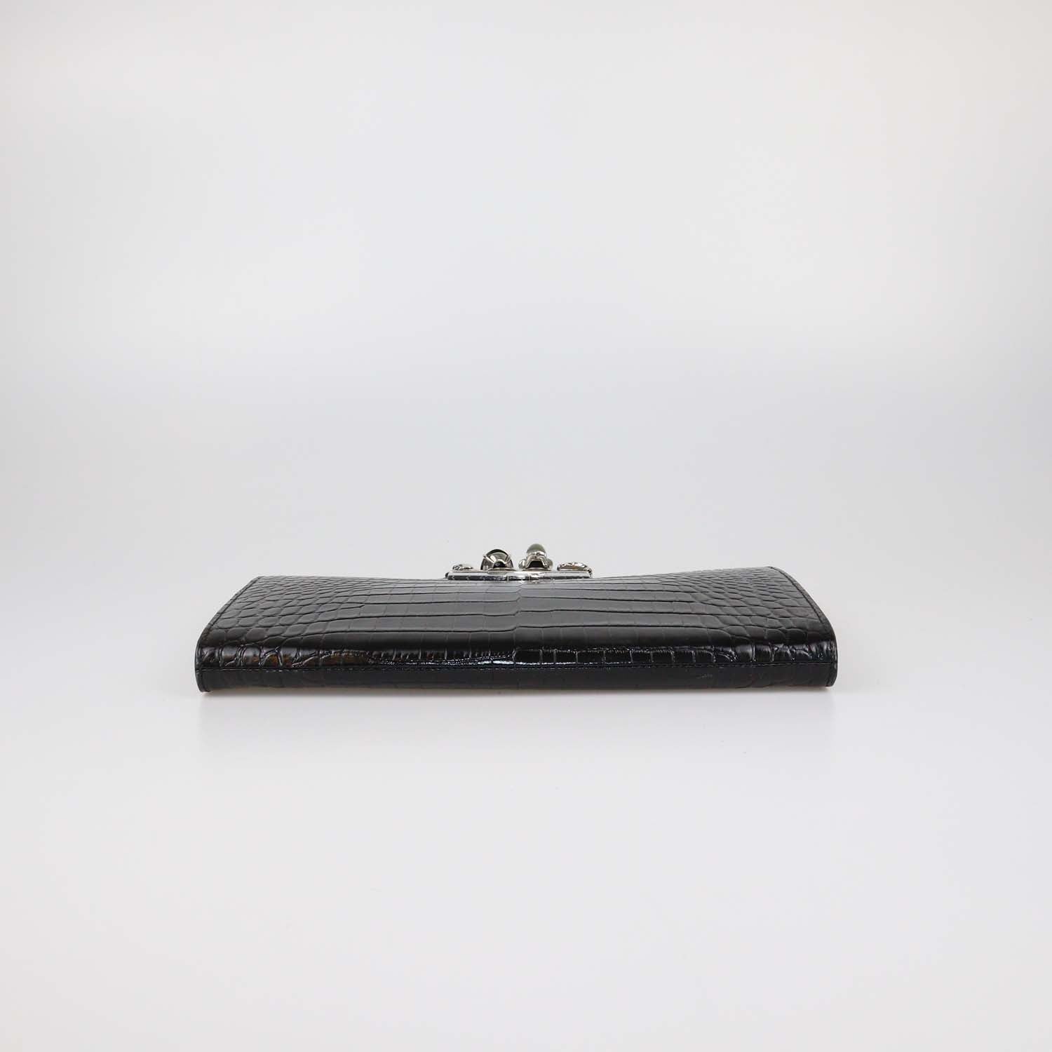 Alexander McQueen Black Croc Embossed Leather Skull Knuckle Clutch