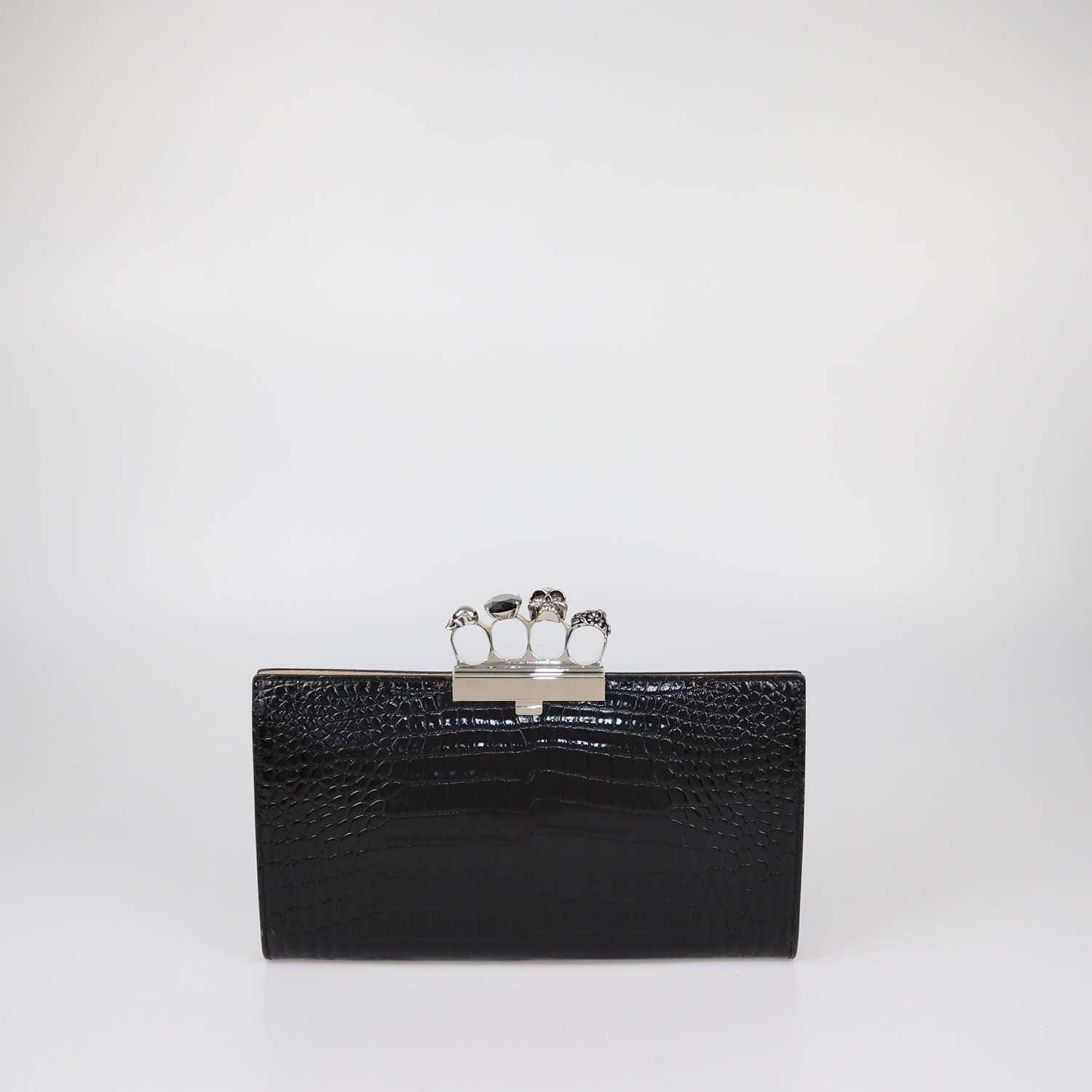 Alexander McQueen Black Croc Embossed Leather Skull Knuckle Clutch