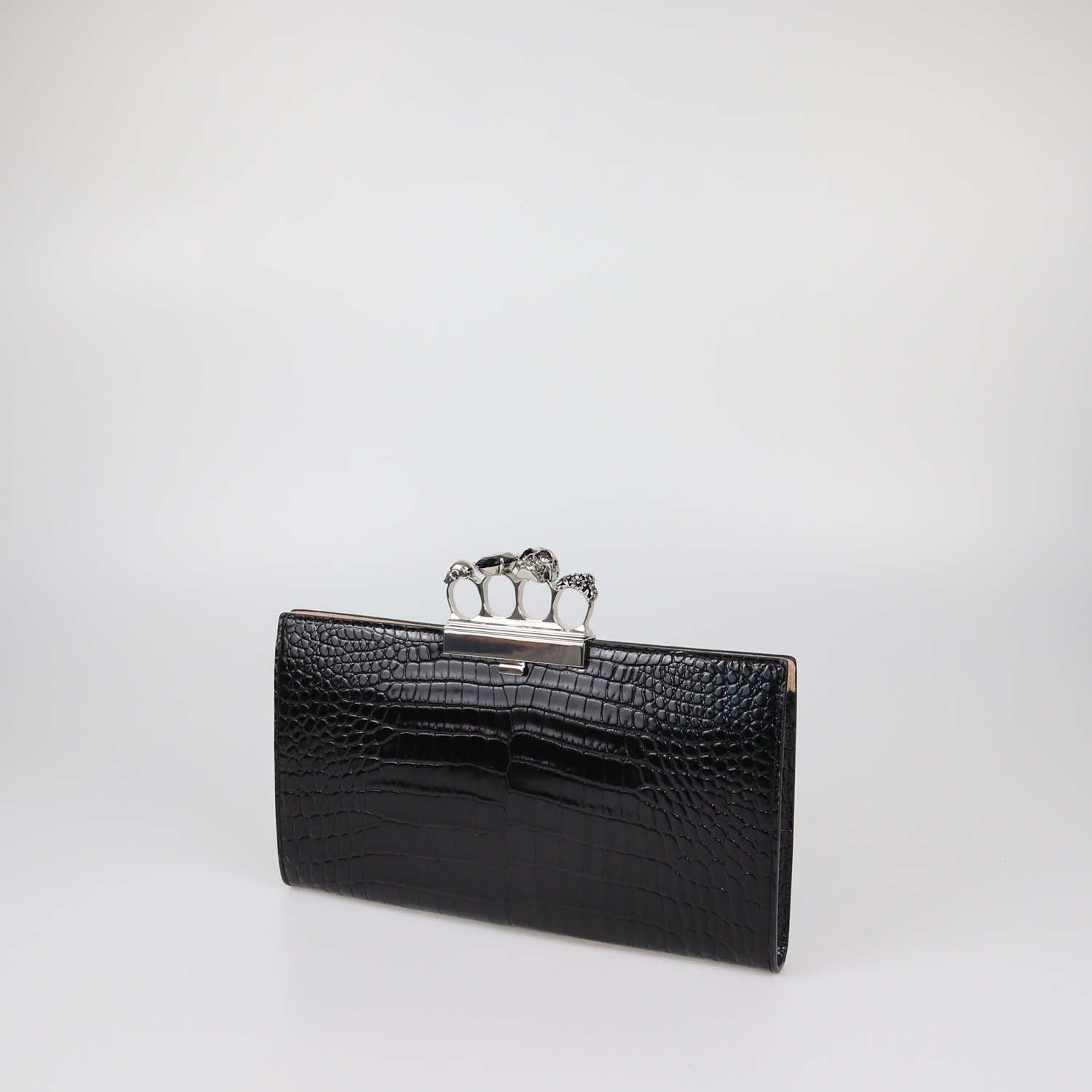 Alexander McQueen Black Croc Embossed Leather Skull Knuckle Clutch