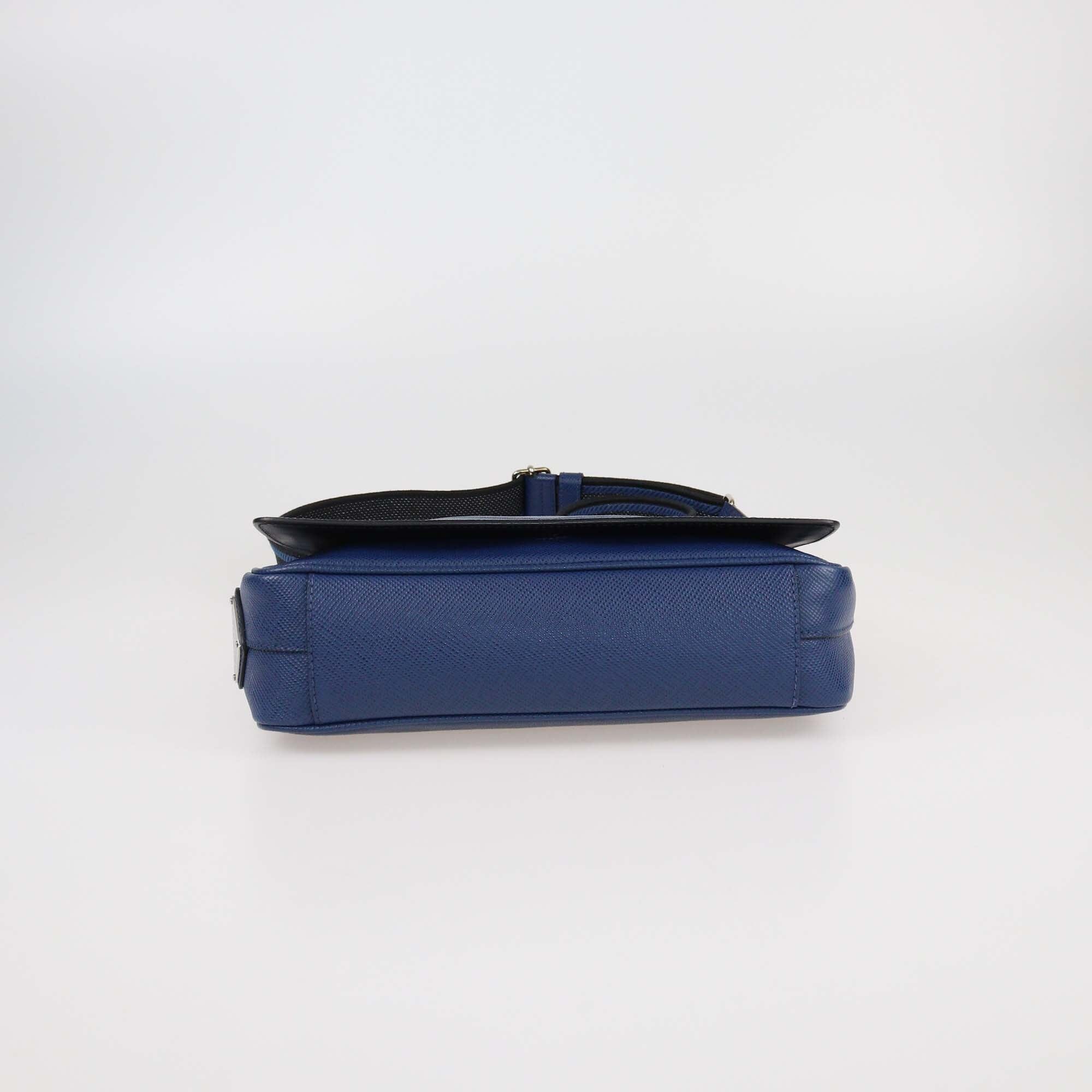 Prada Blue Saffiano Leather Logo Embossed Flap Crossbody Bag Mens Prada