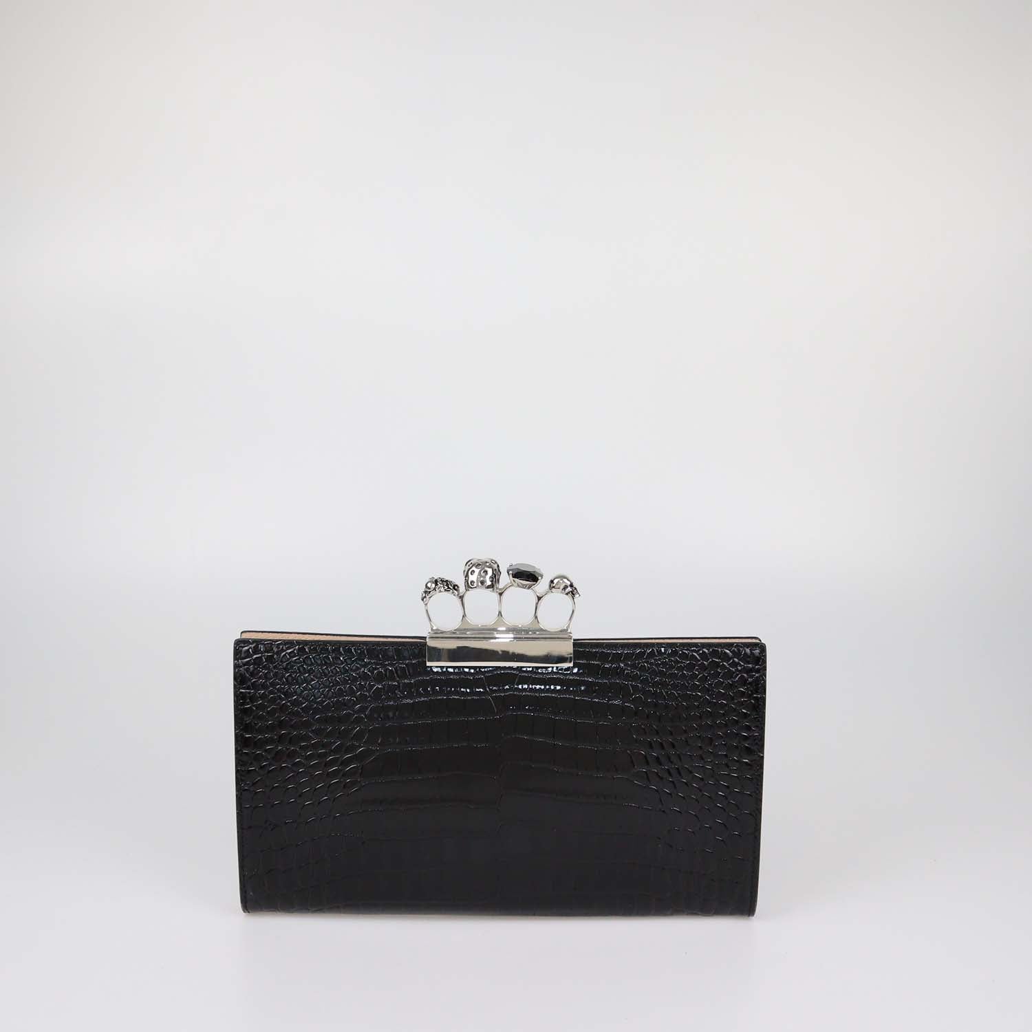 Alexander McQueen Black Croc Embossed Leather Skull Knuckle Clutch