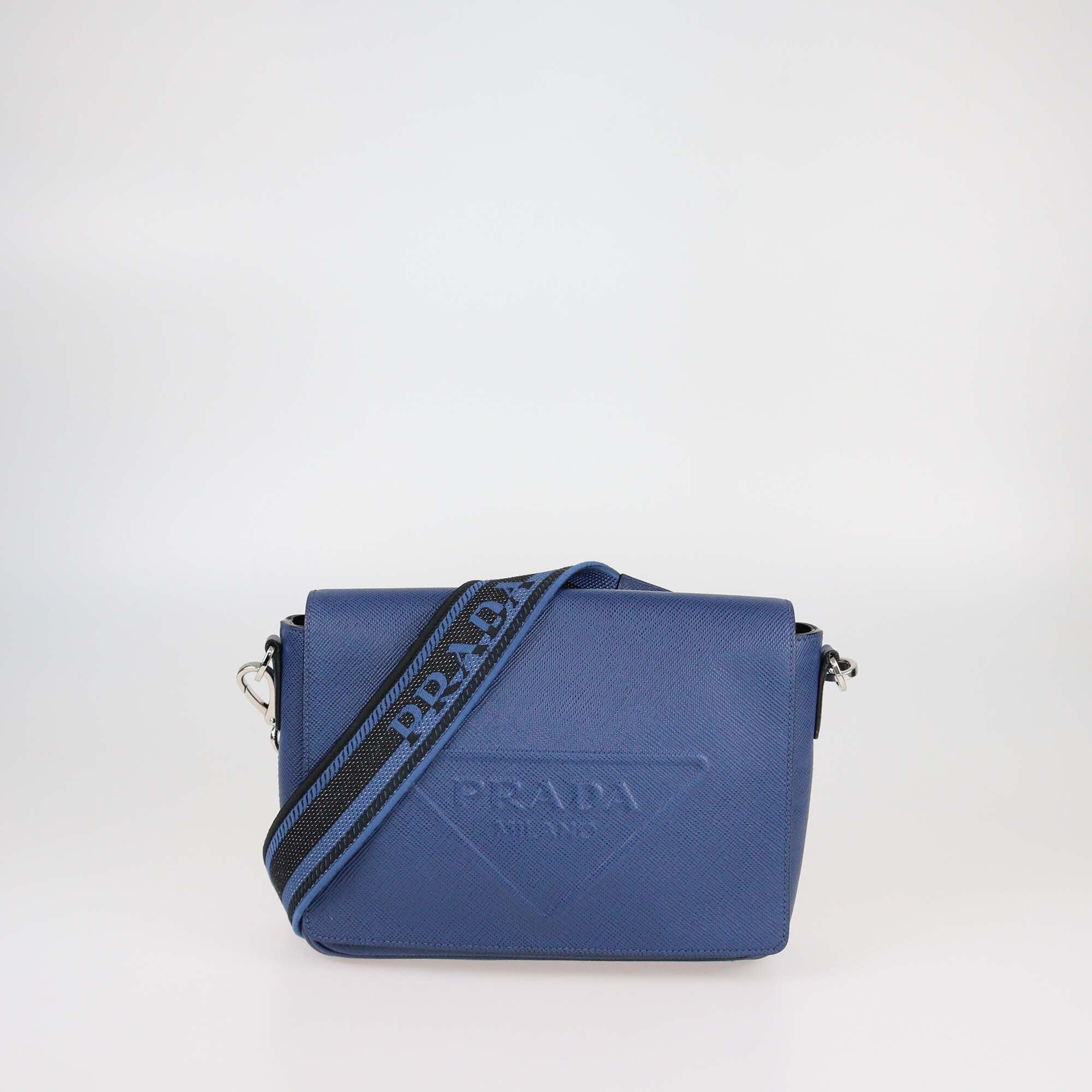 Prada Blue Saffiano Leather Logo Embossed Flap Crossbody Bag Mens Prada