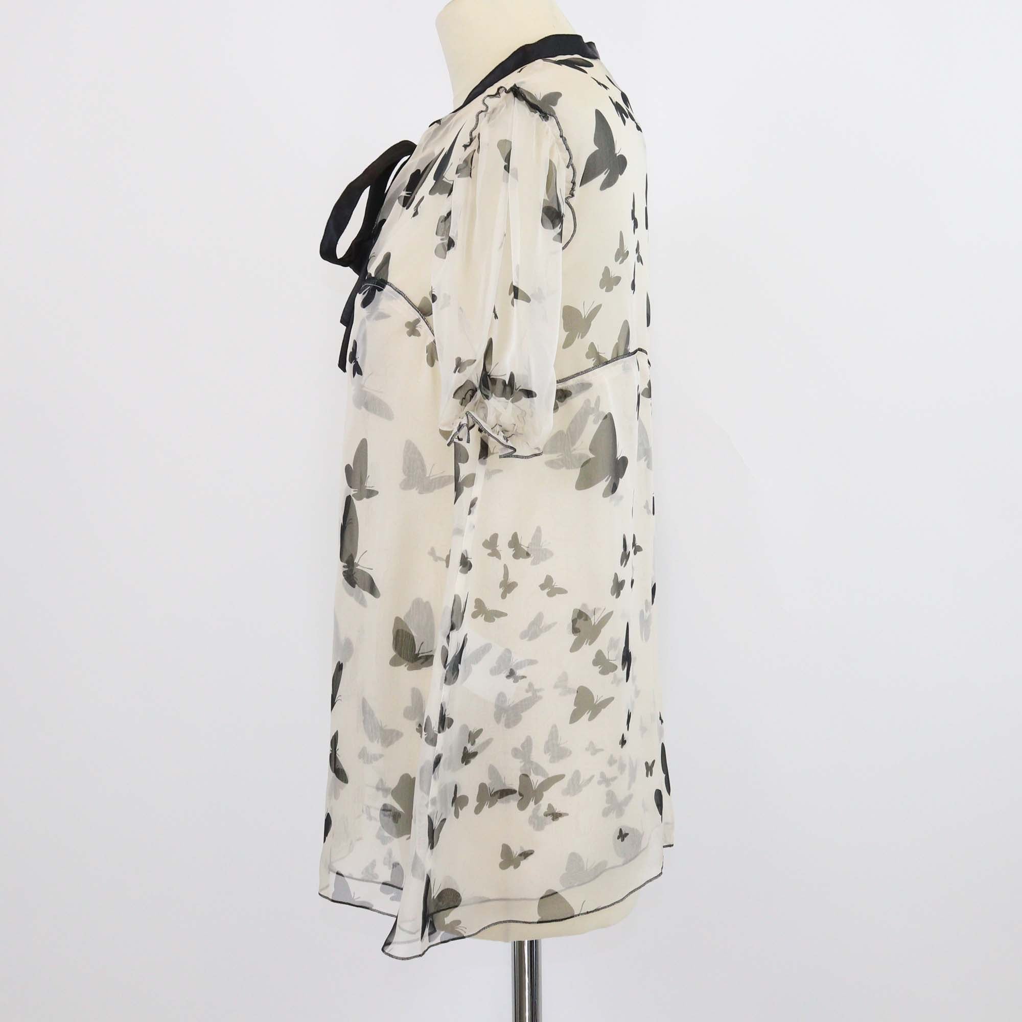 D&G Light Beige/Black Silk Butterfly Print Sheer Bow Detail Top