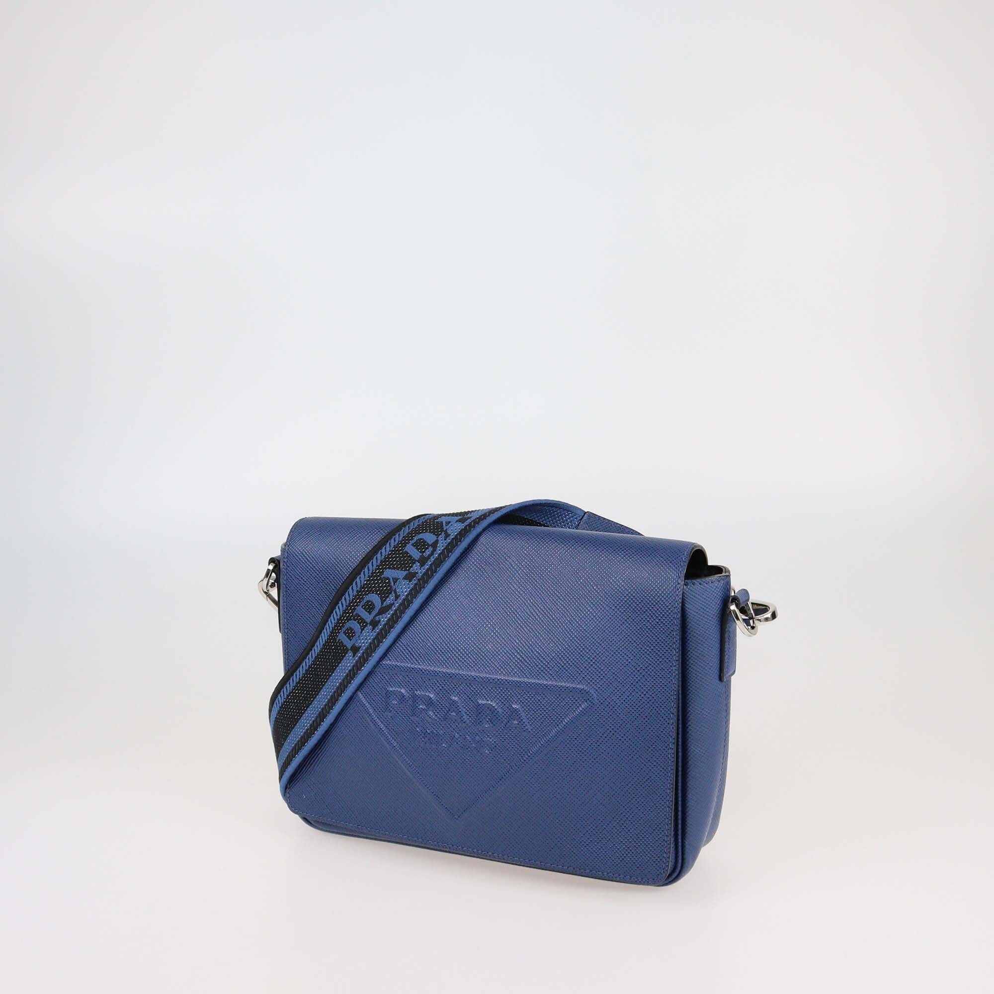 Prada Blue Saffiano Leather Logo Embossed Flap Crossbody Bag Mens Prada