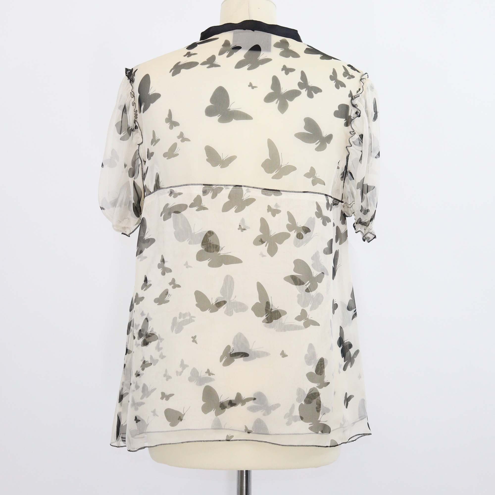 D&G Light Beige/Black Silk Butterfly Print Sheer Bow Detail Top