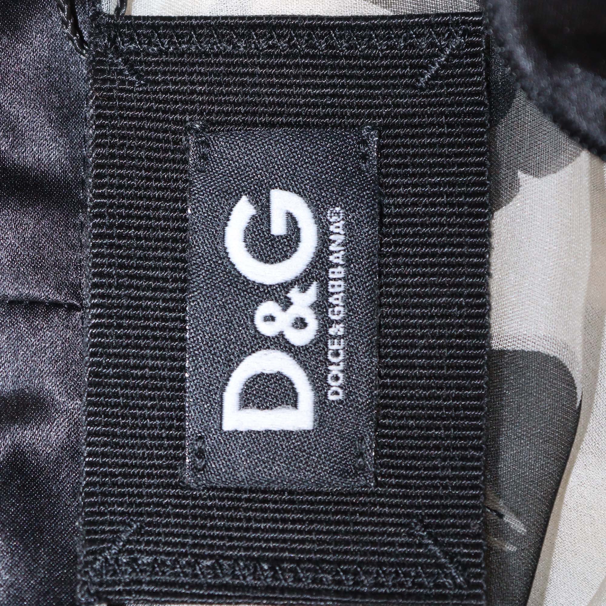 D&G Light Beige/Black Silk Butterfly Print Sheer Bow Detail Top