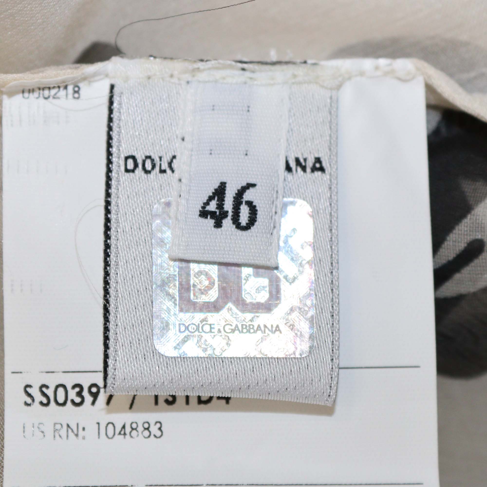 D&G Light Beige/Black Silk Butterfly Print Sheer Bow Detail Top