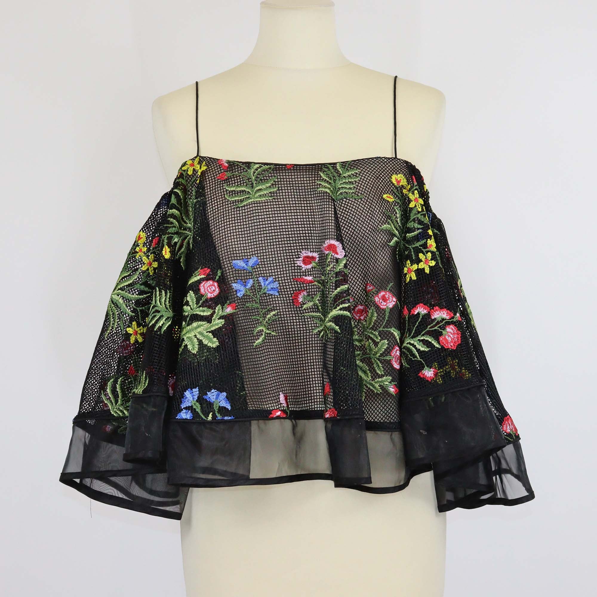 Sauce Black Mesh Floral Embroidered Sleeveless Crop Top