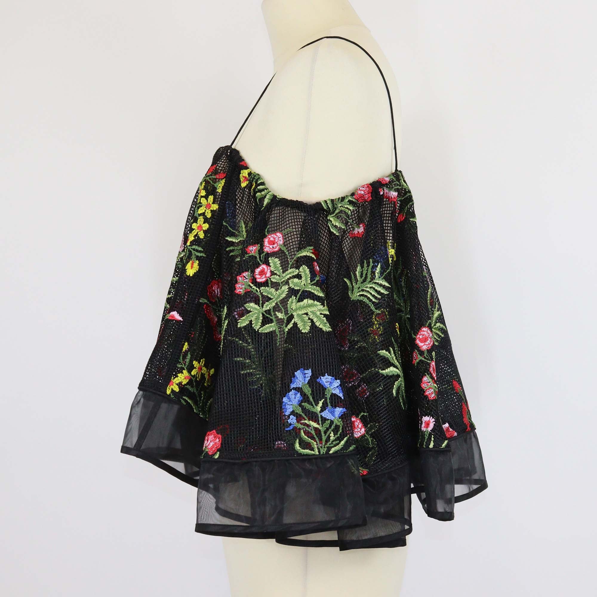 Sauce Black Mesh Floral Embroidered Sleeveless Crop Top