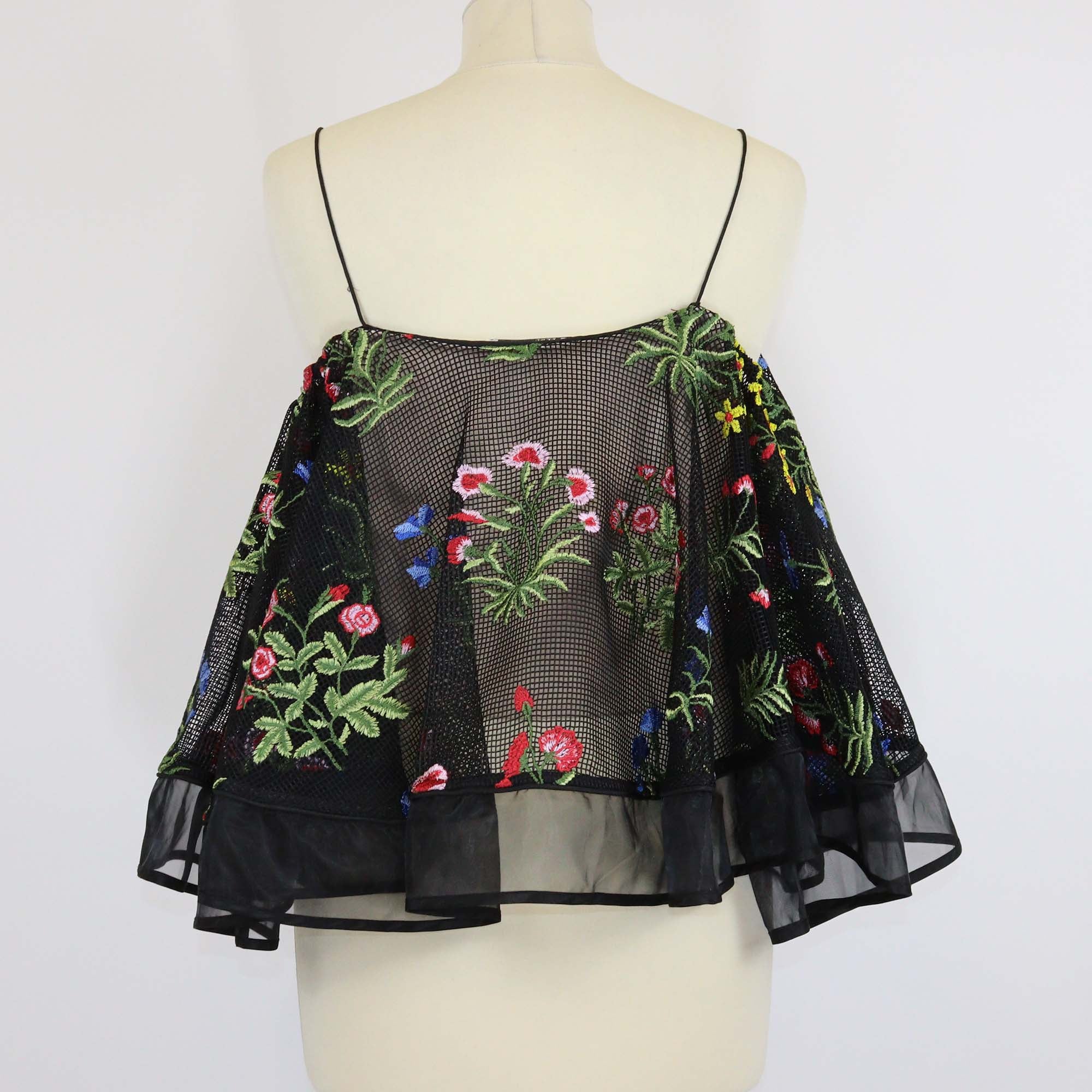 Sauce Black Mesh Floral Embroidered Sleeveless Crop Top