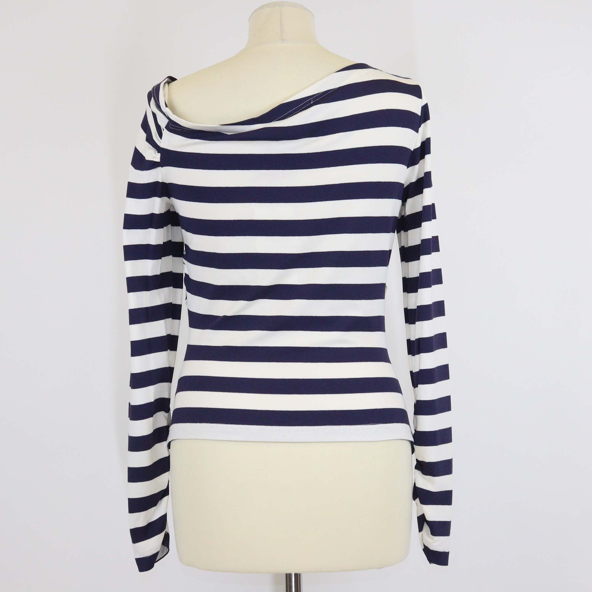 Maison Common White/Navy Blue Stripe Ruched Tee One Shoulder Top