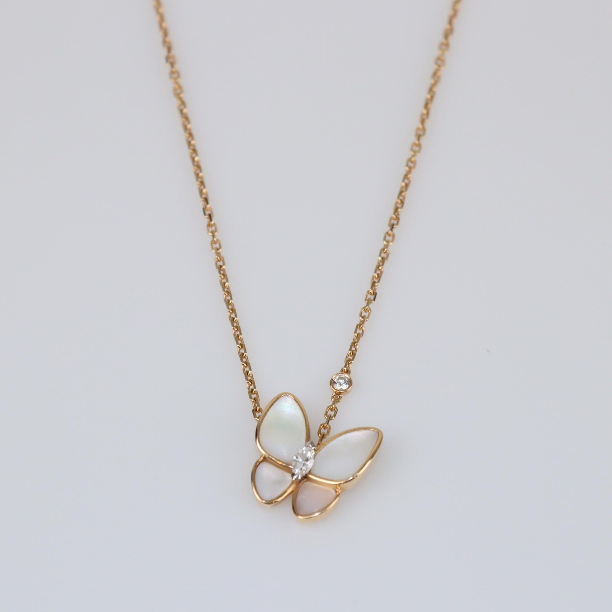 Van Cleef & Arpels Two Butterflies Mother of Pearl Diamond 18k Rose Gold Necklace Womens Van Cleef & Arpels
