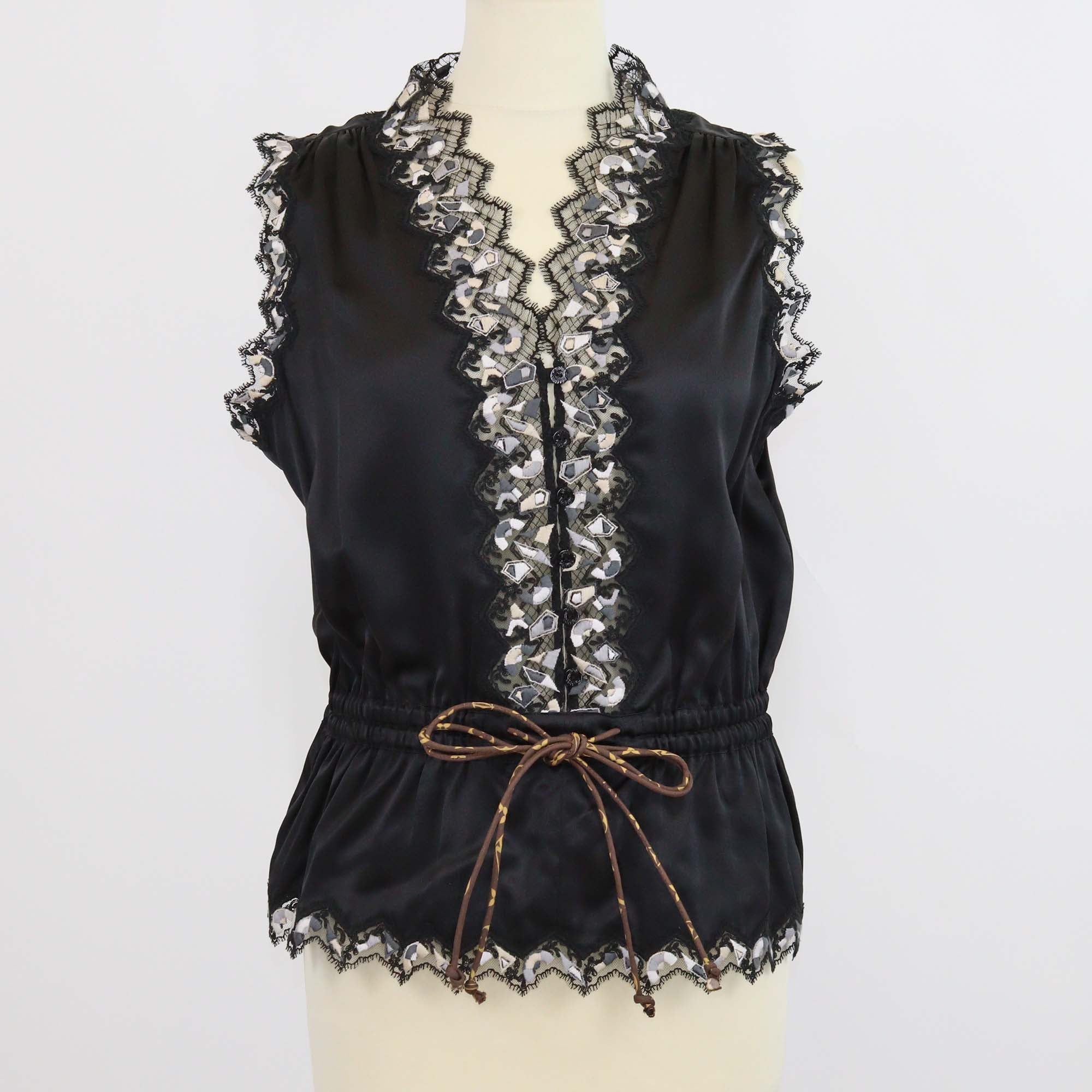 Louis Vuitton Black Silk Lace Trimmed Embroidered Sleeveless Blouse