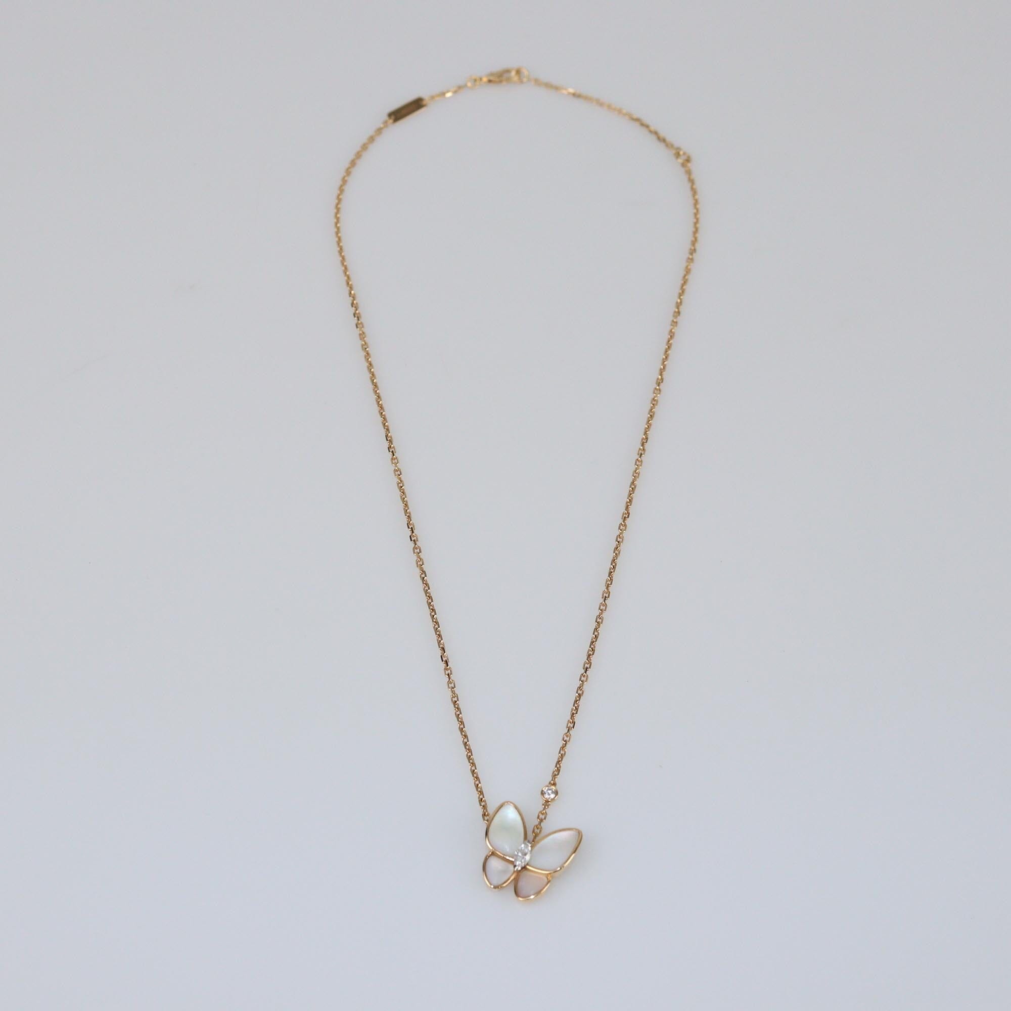 Van Cleef & Arpels Two Butterflies Mother of Pearl Diamond 18k Rose Gold Necklace Womens Van Cleef & Arpels