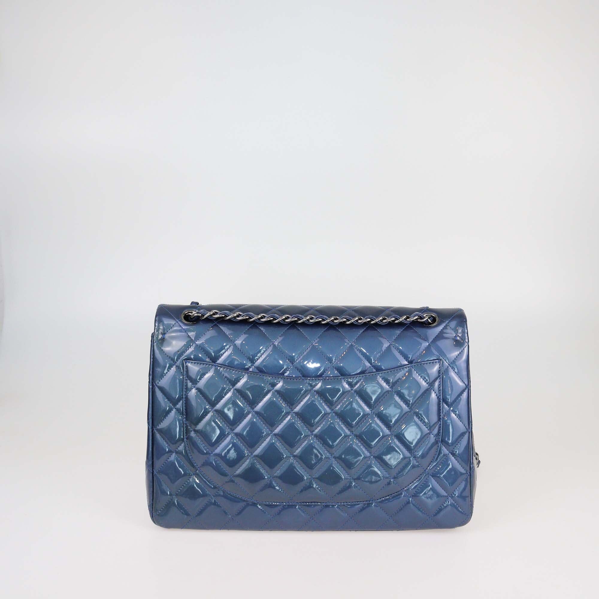 Chanel Navy Blue Quilted Patent Leather Maxi Classic Double Flap Bag Womens Chanel