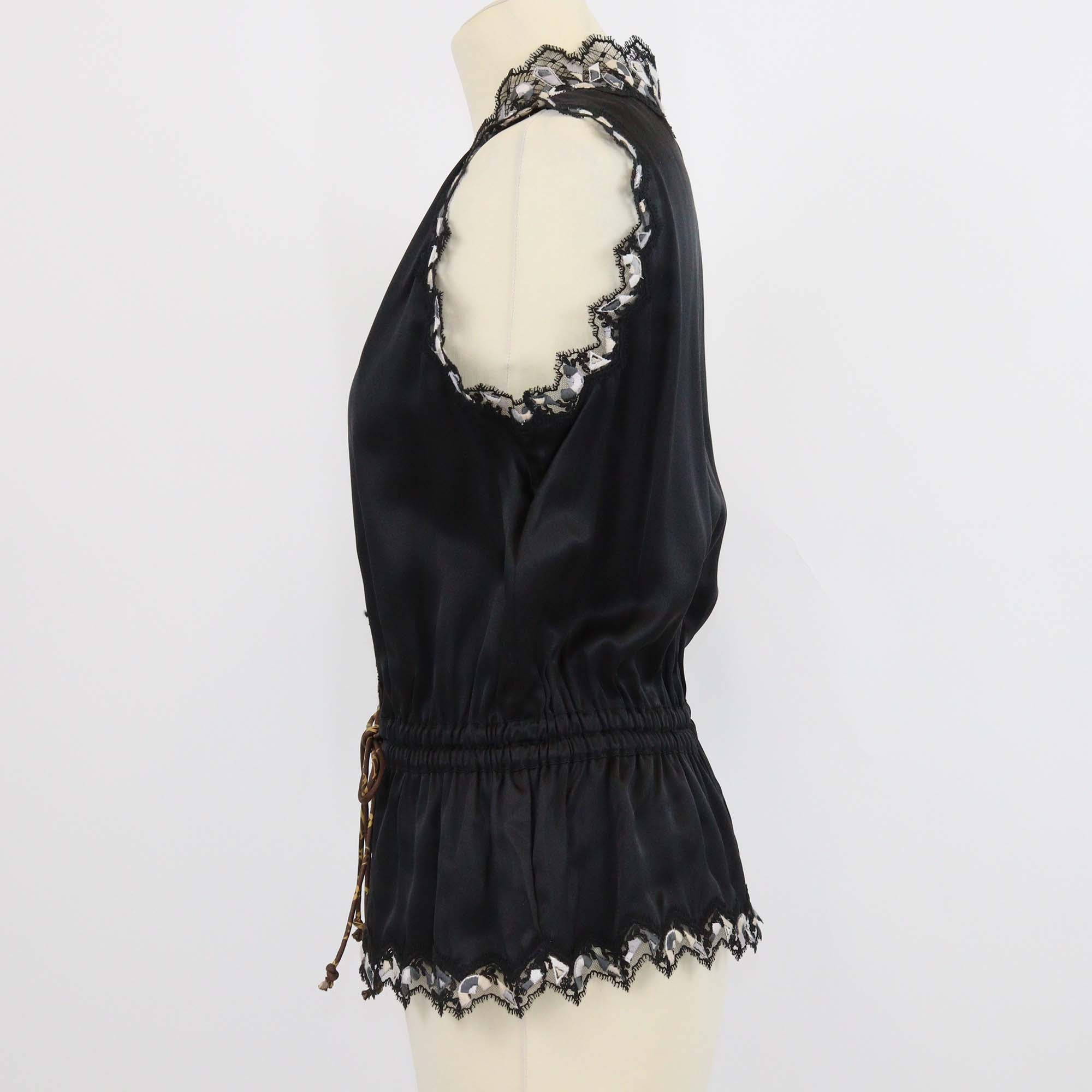 Louis Vuitton Black Silk Lace Trimmed Embroidered Sleeveless Blouse
