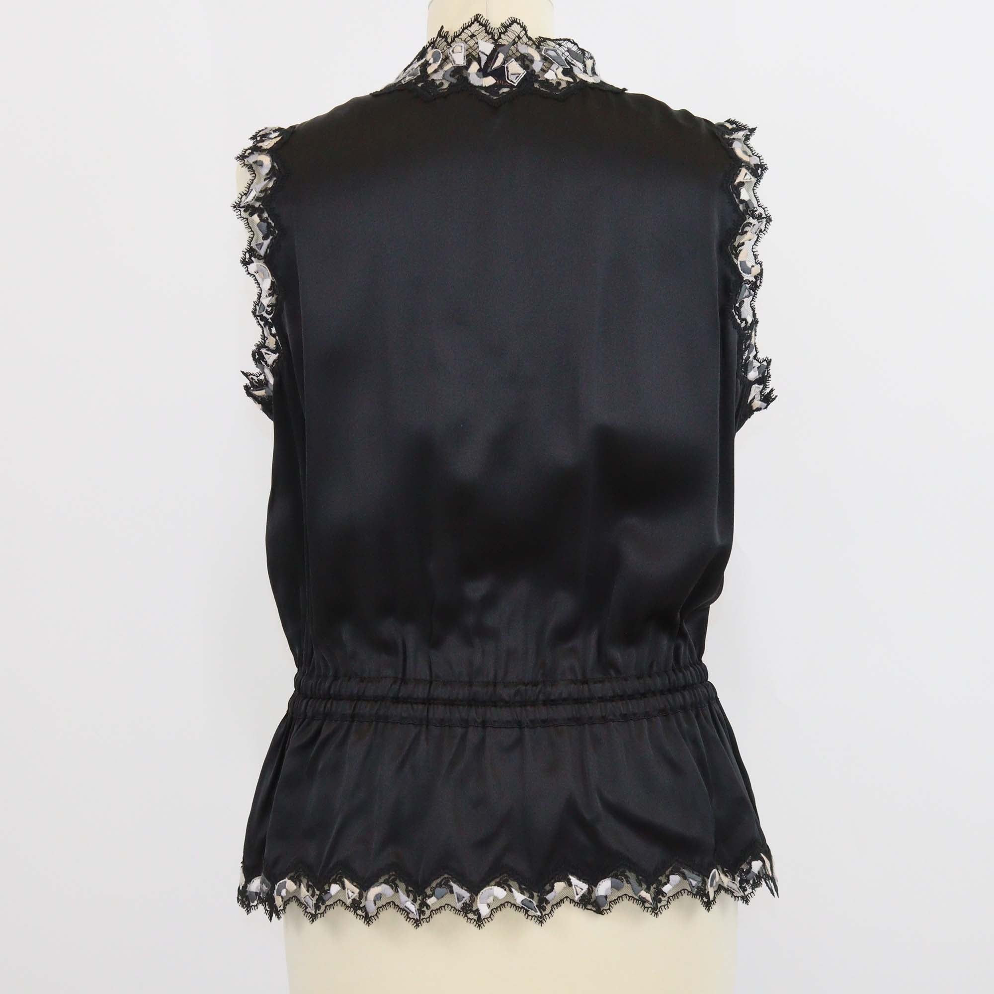 Louis Vuitton Black Silk Lace Trimmed Embroidered Sleeveless Blouse