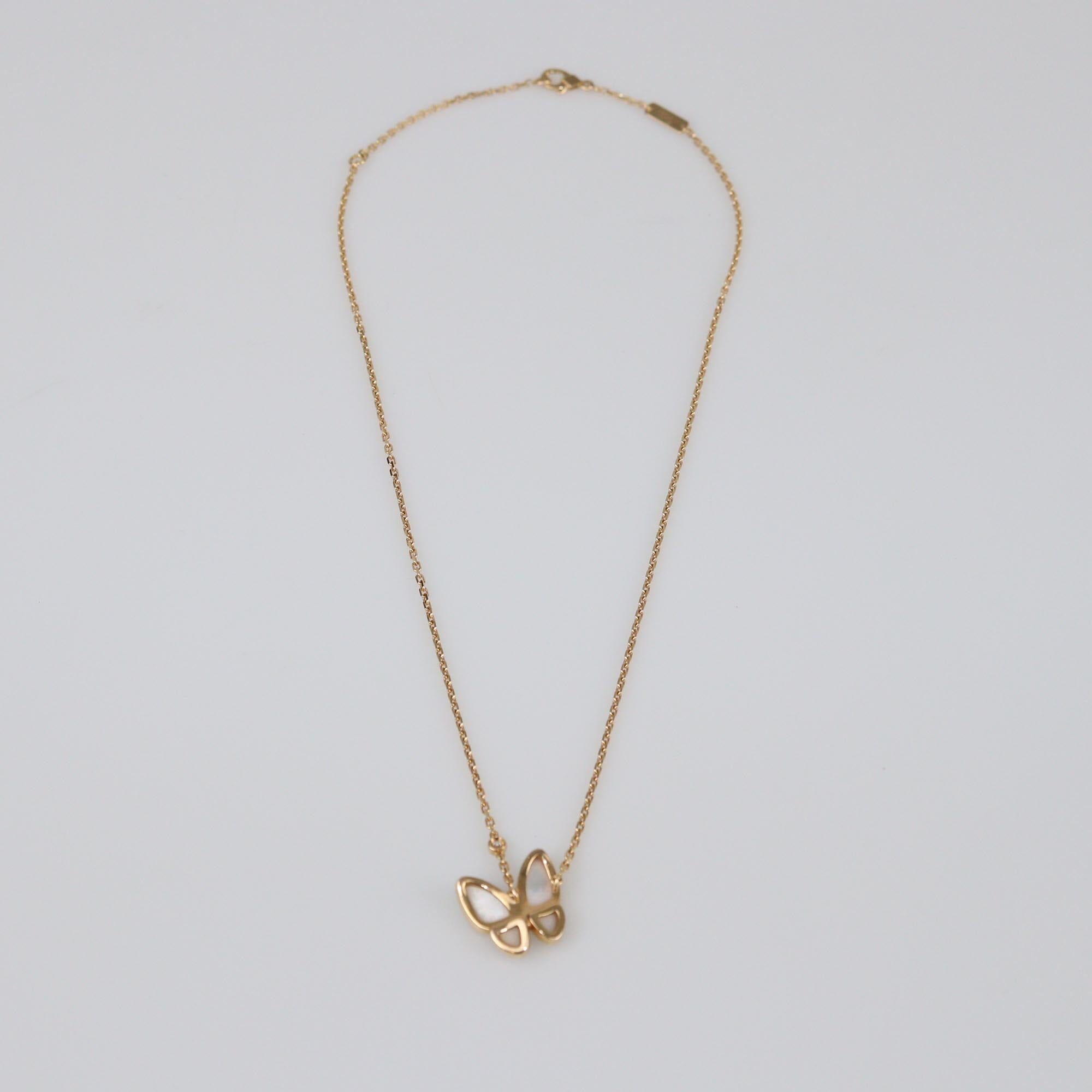 Van Cleef & Arpels Two Butterflies Mother of Pearl Diamond 18k Rose Gold Necklace Womens Van Cleef & Arpels