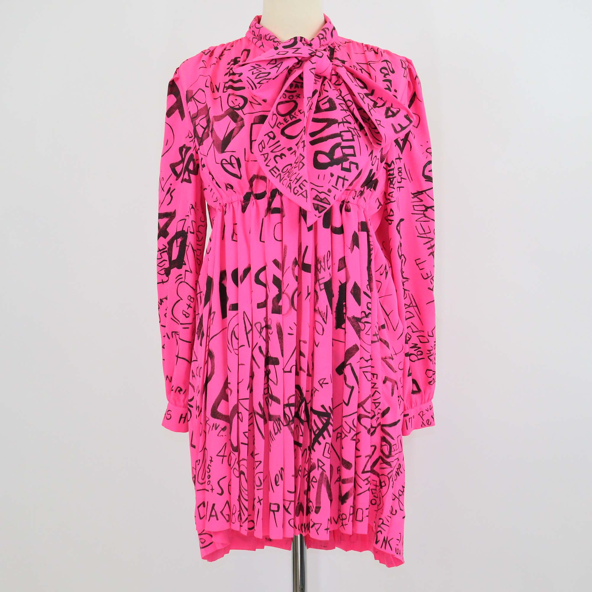 Balenciaga Pink Graffiti Pleated Neck Tie Mini Dress