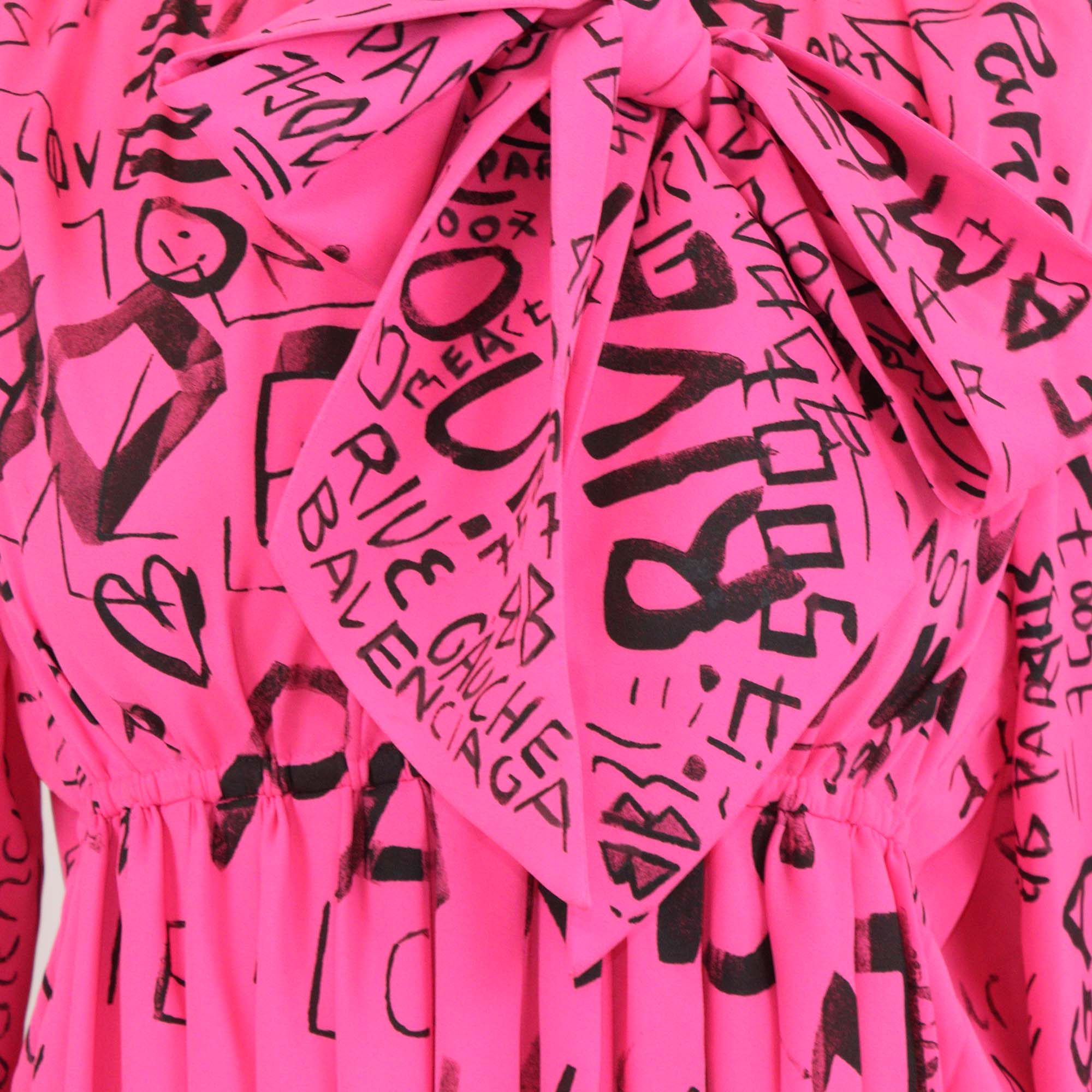 Balenciaga Pink Graffiti Pleated Neck Tie Mini Dress