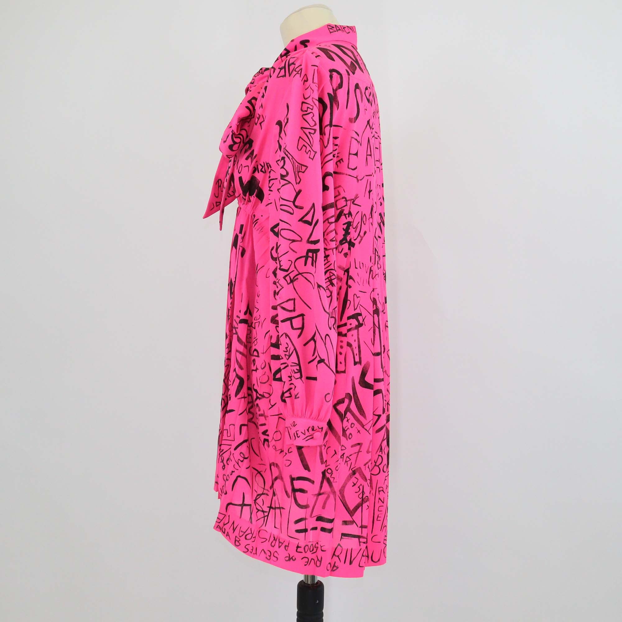 Balenciaga Pink Graffiti Pleated Neck Tie Mini Dress